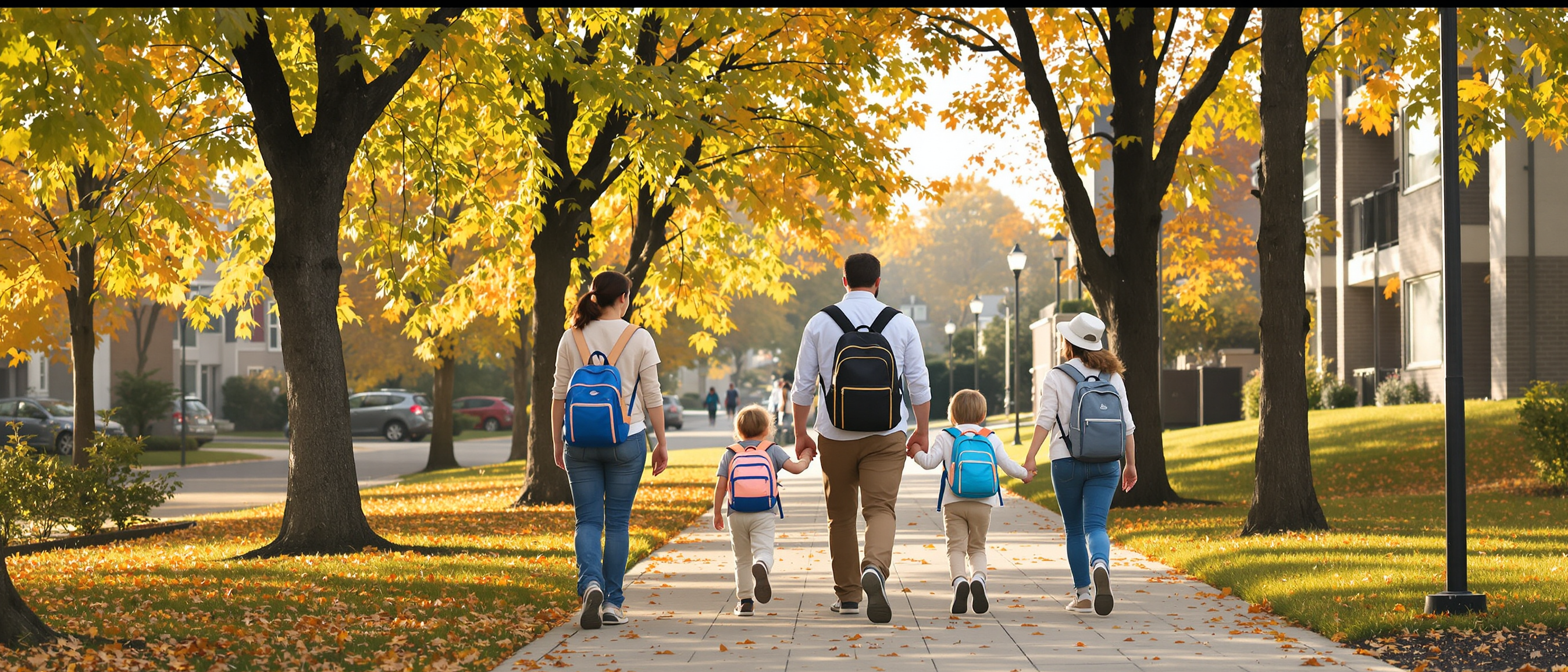 A family walking their young children to school along a tree-lined sidewalk in autumn