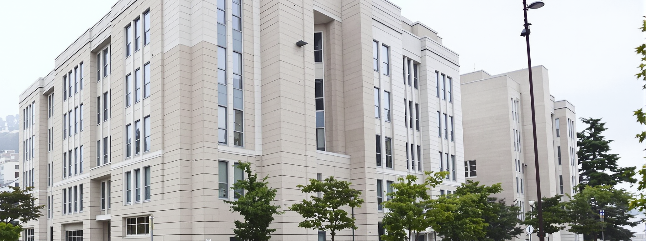A tall stone law school building on a city street