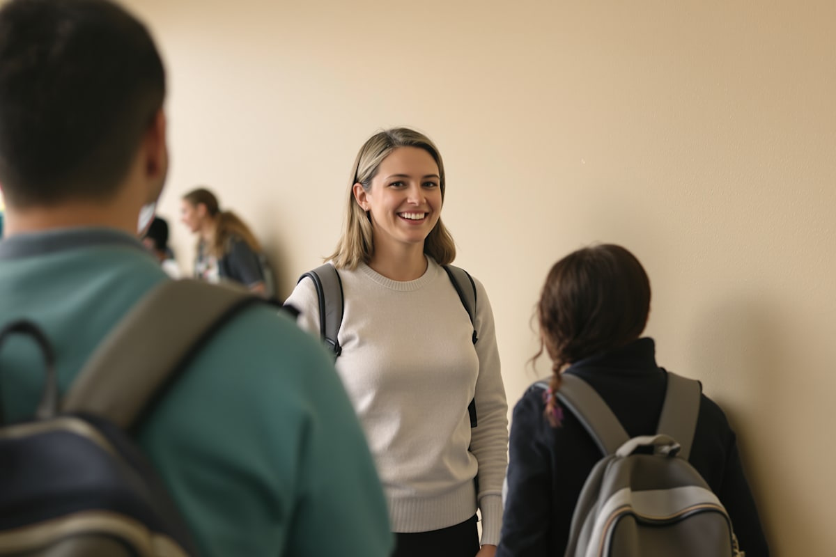 A teacher smiling as she greets students arriving along a school corridor
