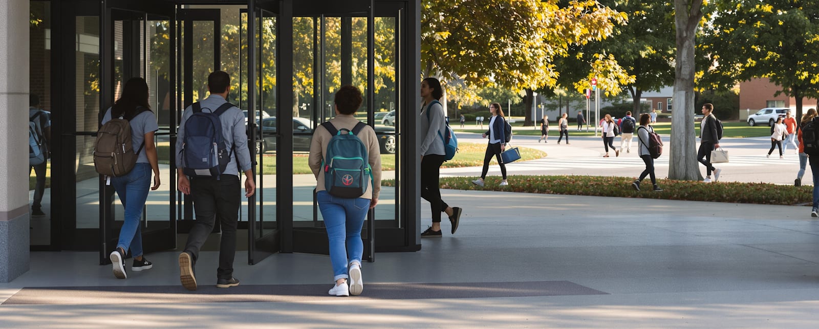 Students walking into a school building on a bright autumn morning, with the campus visible beyond the entrance.