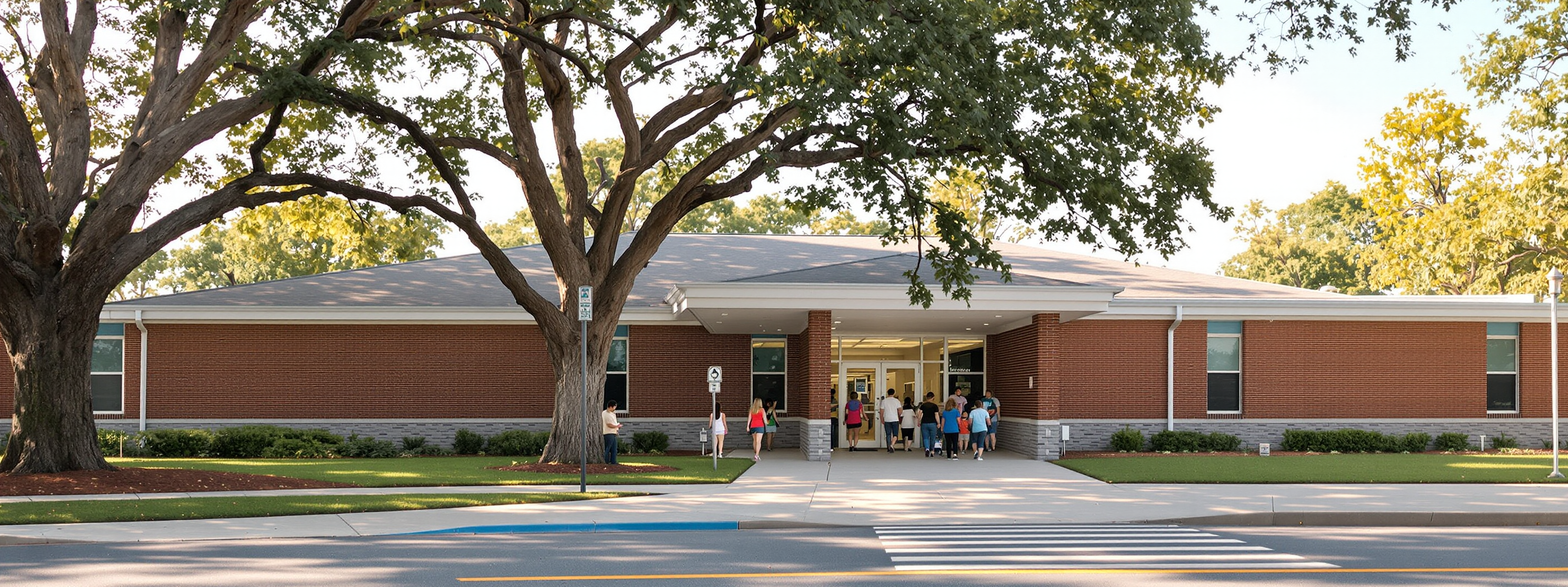 Families and students at the entrance of a brick school building shaded by oak trees