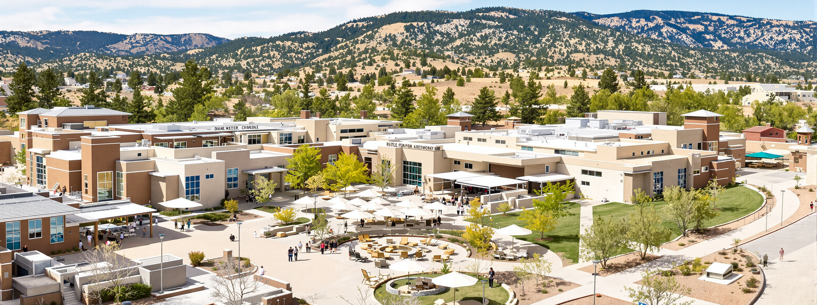 A high desert school campus with shaded courtyards and pine hills beyond