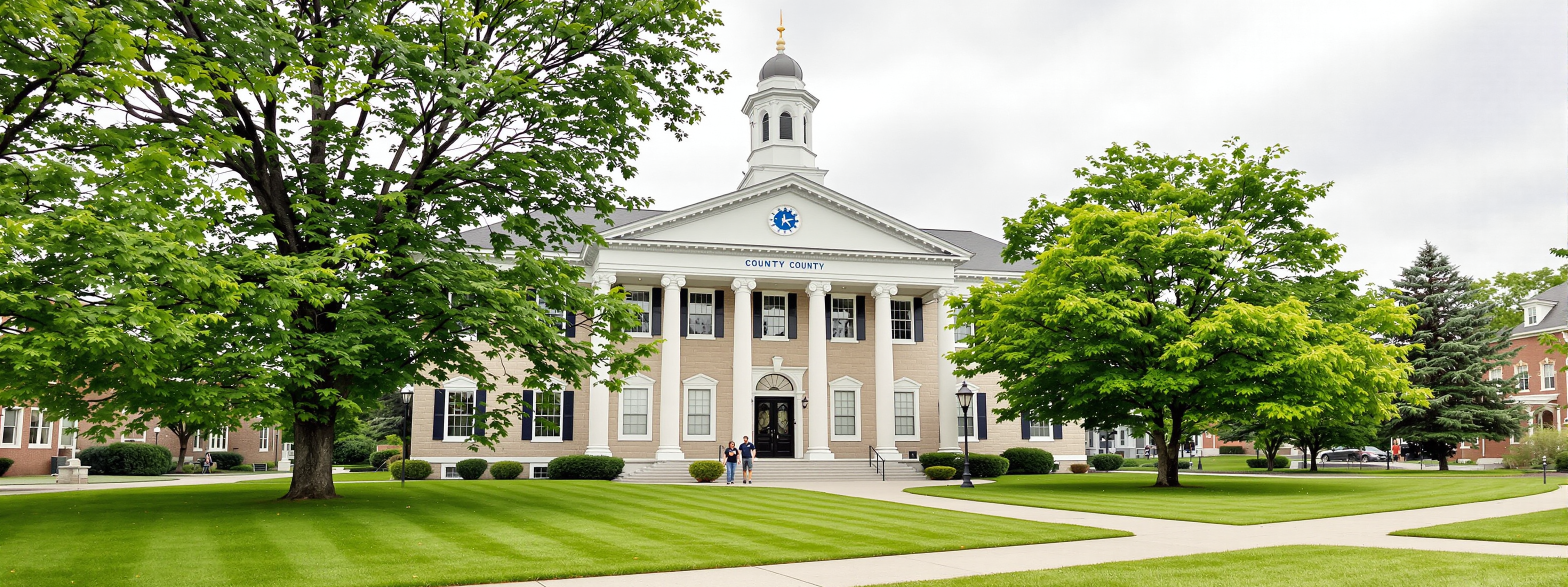 A classical stone county courthouse behind a lawn and shade trees