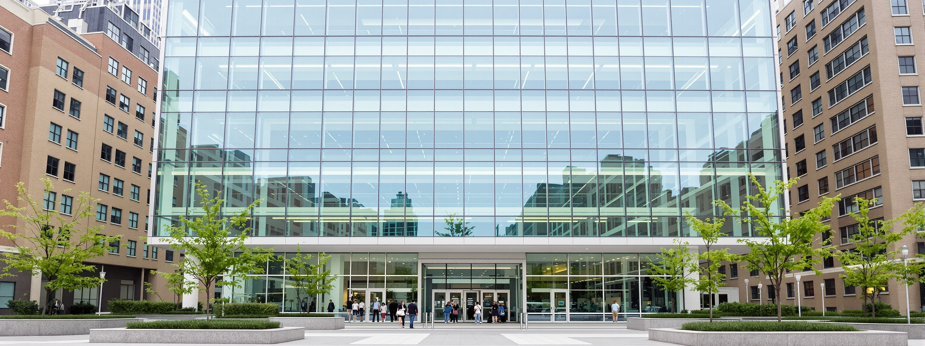 A modern glass corporate headquarters above a landscaped entry plaza
