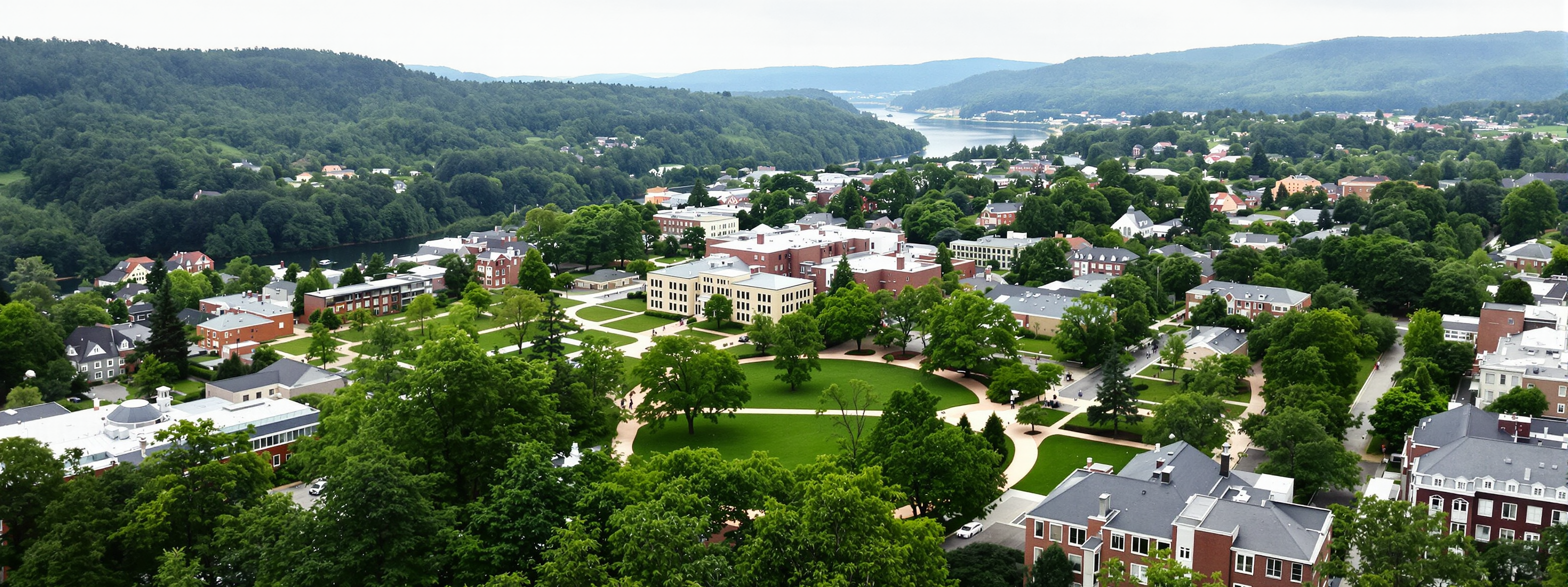 An aerial view over a wooded university campus in a river valley