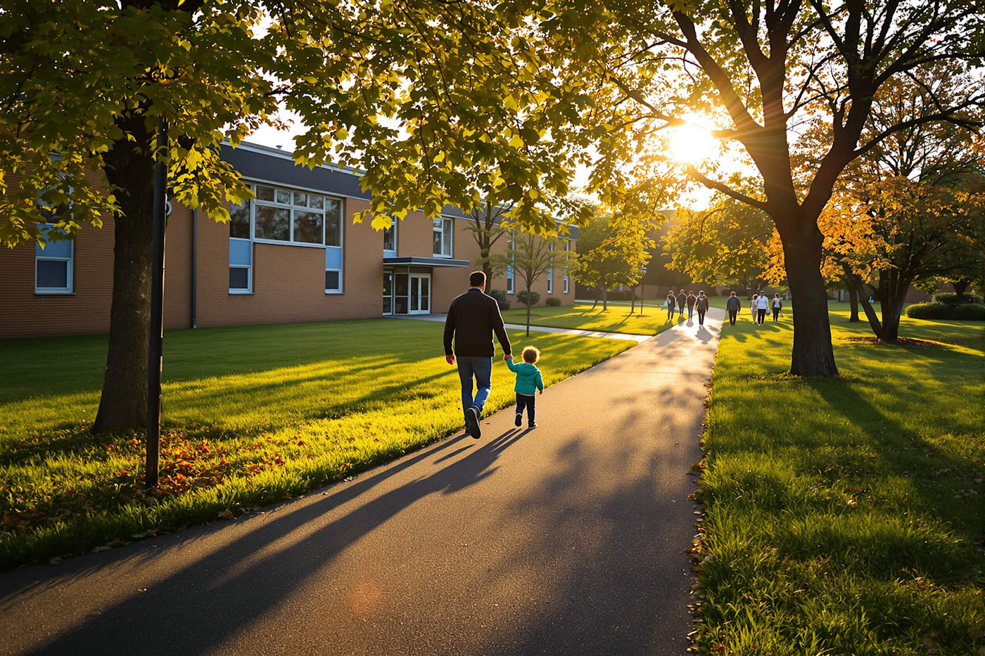 A parent and child walking away from a school building hand in hand in the late afternoon sun.