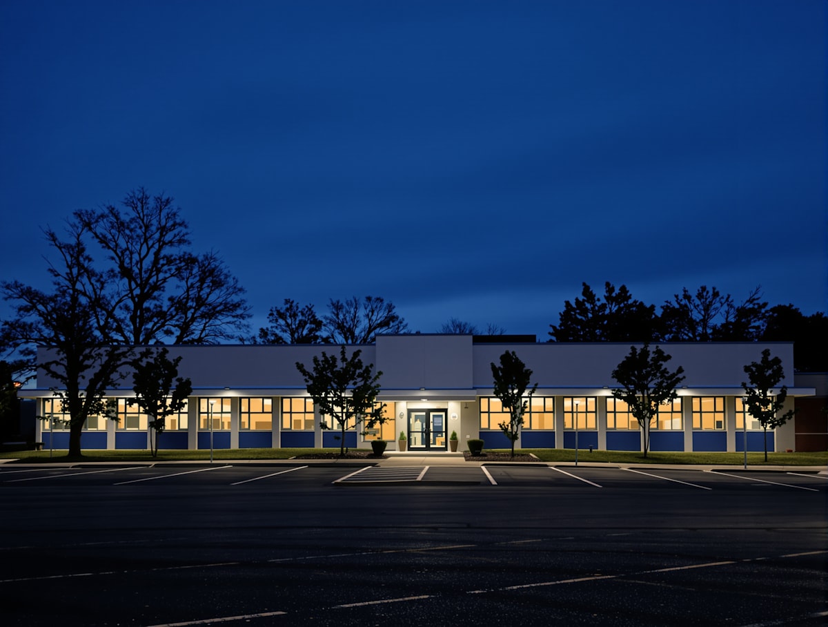 A low school building at dusk with warm light in the windows and an empty car park.