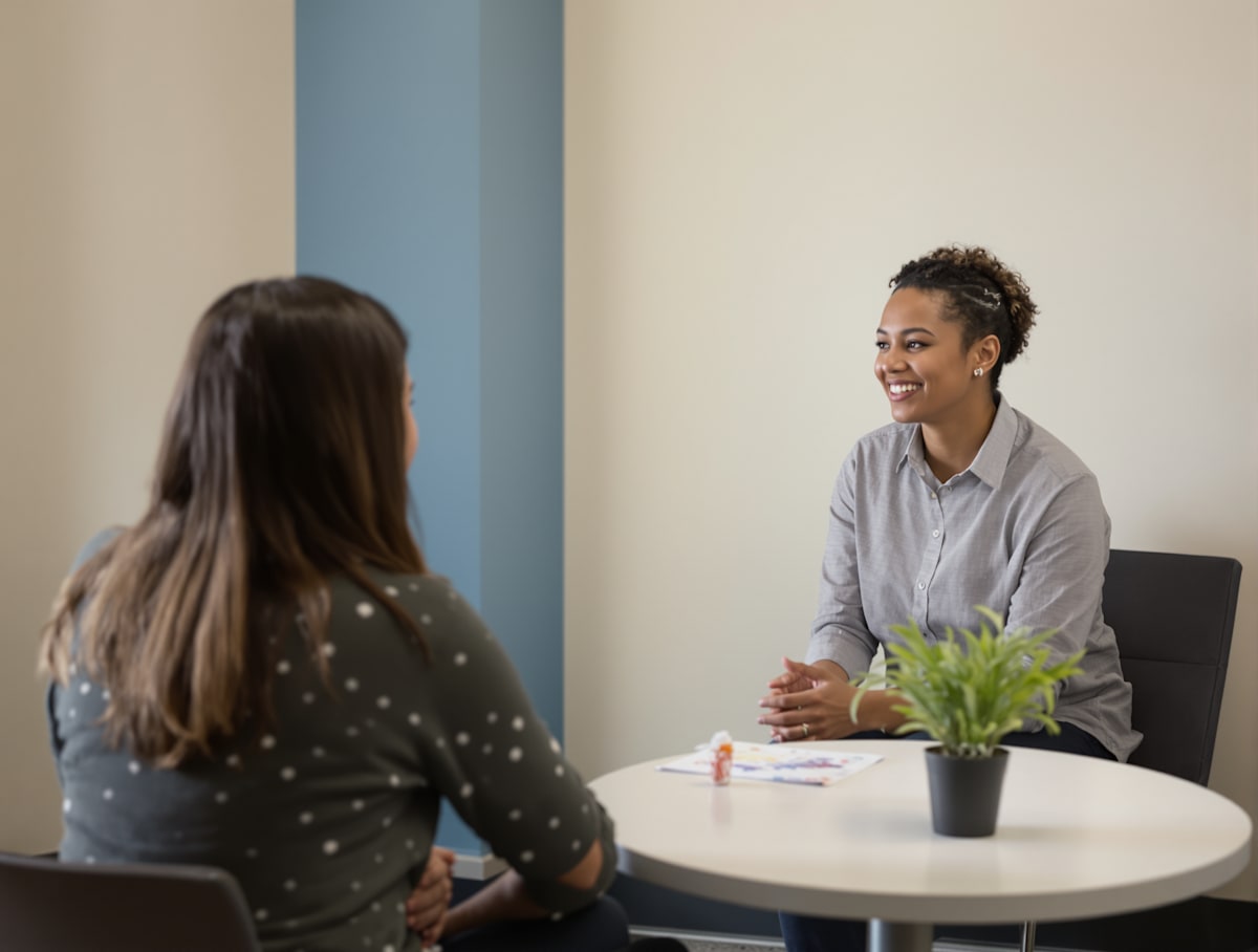 A school counsellor listening to a student across a small table.