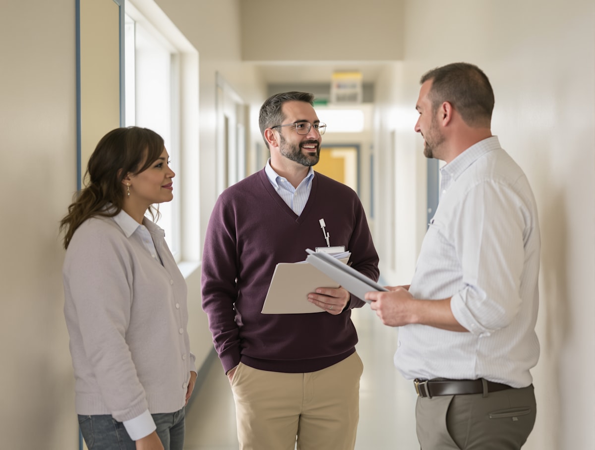 Three school staff members talking together in a bright hallway.