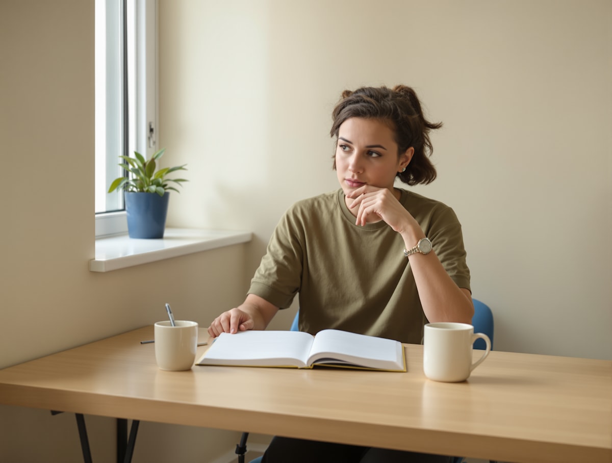 A person pausing in thought at a desk with an open notebook.