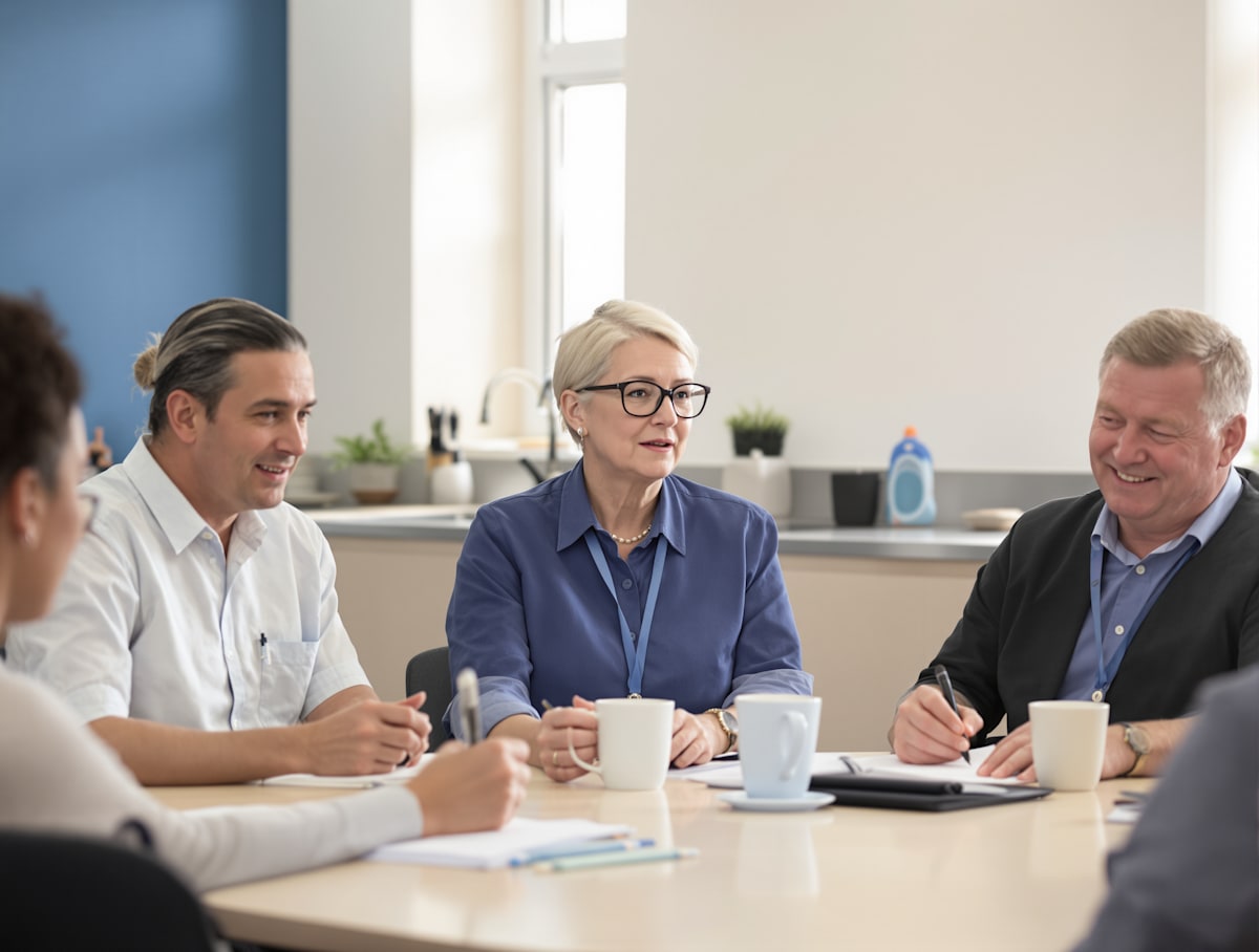 Teachers and school staff of mixed ages meeting around a table in a staff room.