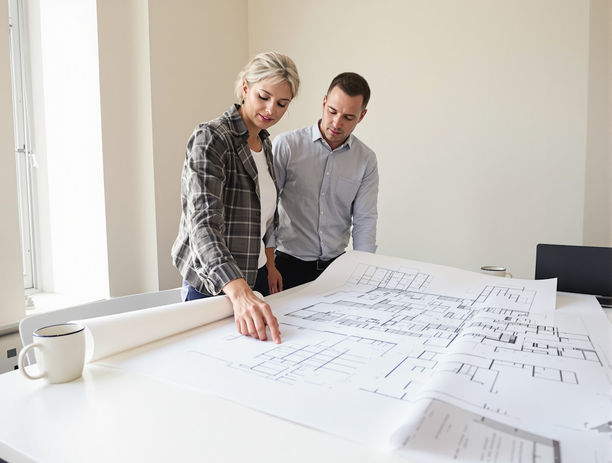 Two colleagues standing at a desk studying large printed building plans.