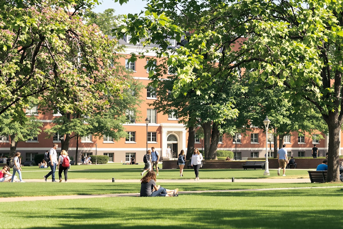 Students walking and sitting on a university quadrangle lawn on a bright afternoon.