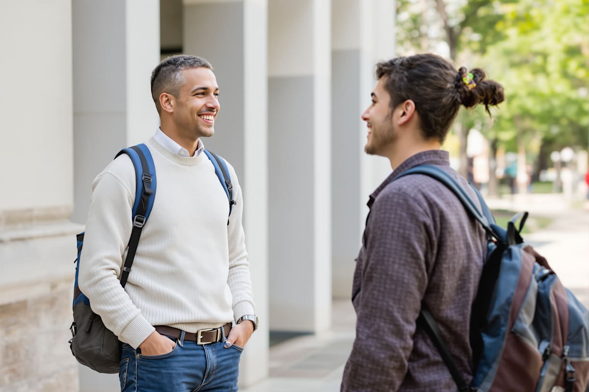 A campus staff member in everyday clothes chatting with a student on a leafy path.