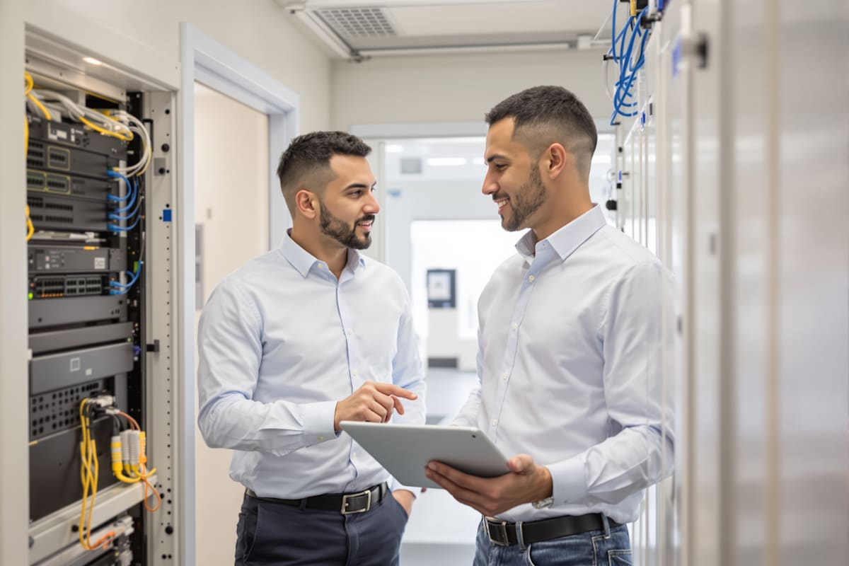 Two IT colleagues talking beside network equipment cabinets in a bright, tidy room.