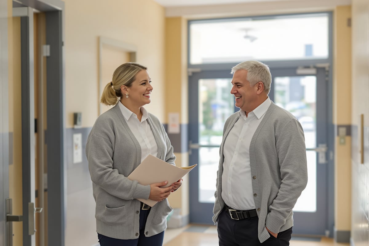 Two school staff members talking together in a bright school entrance hall.