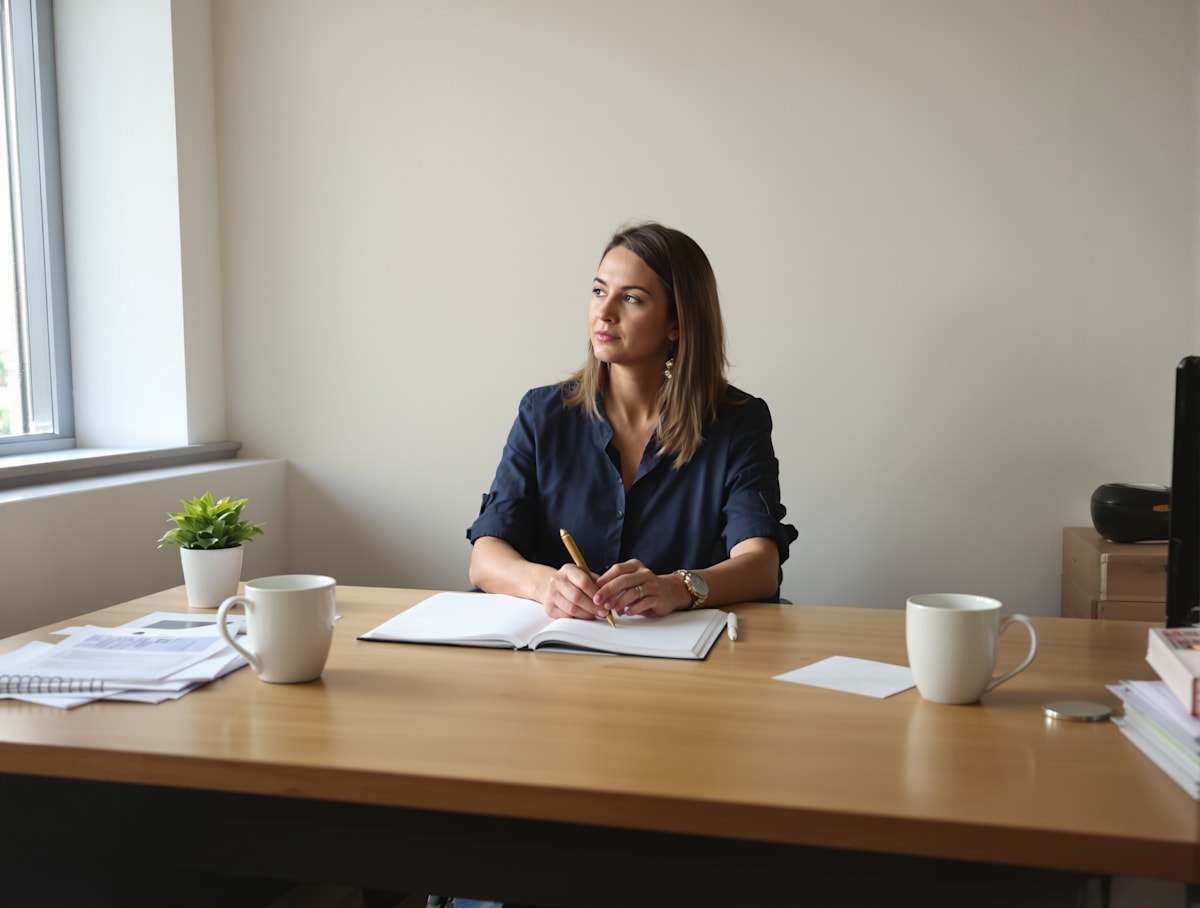 A school administrator pausing in thought at a tidy desk with an open notebook.