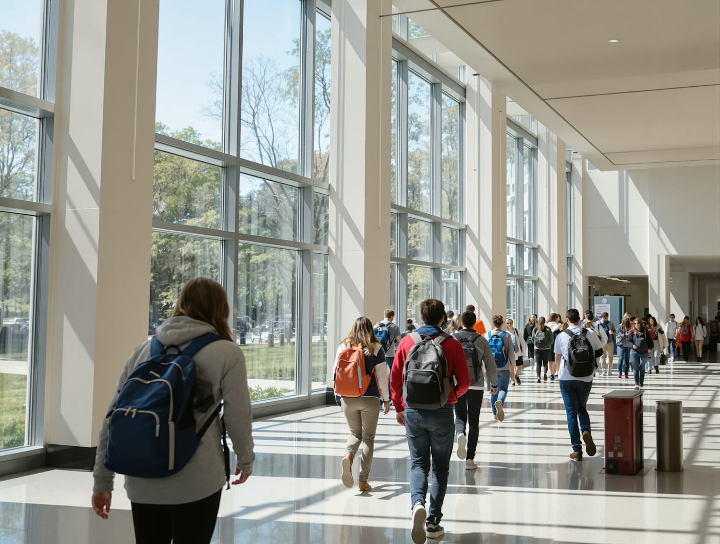 Students moving easily through a sunlit school entrance foyer in the morning.