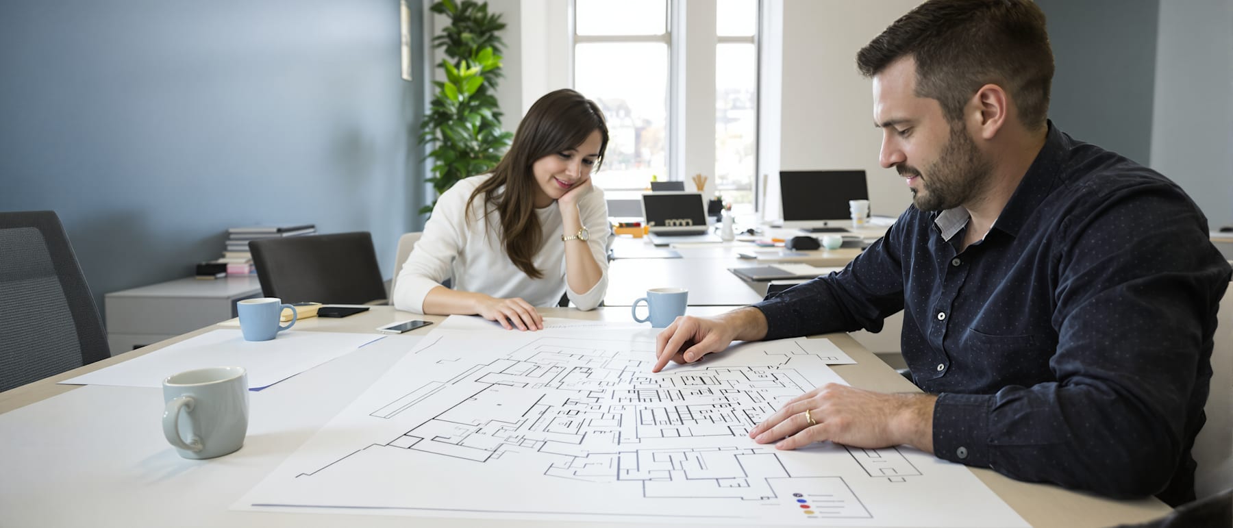 Two district staff leaning over a large printed floor plan spread across a desk.