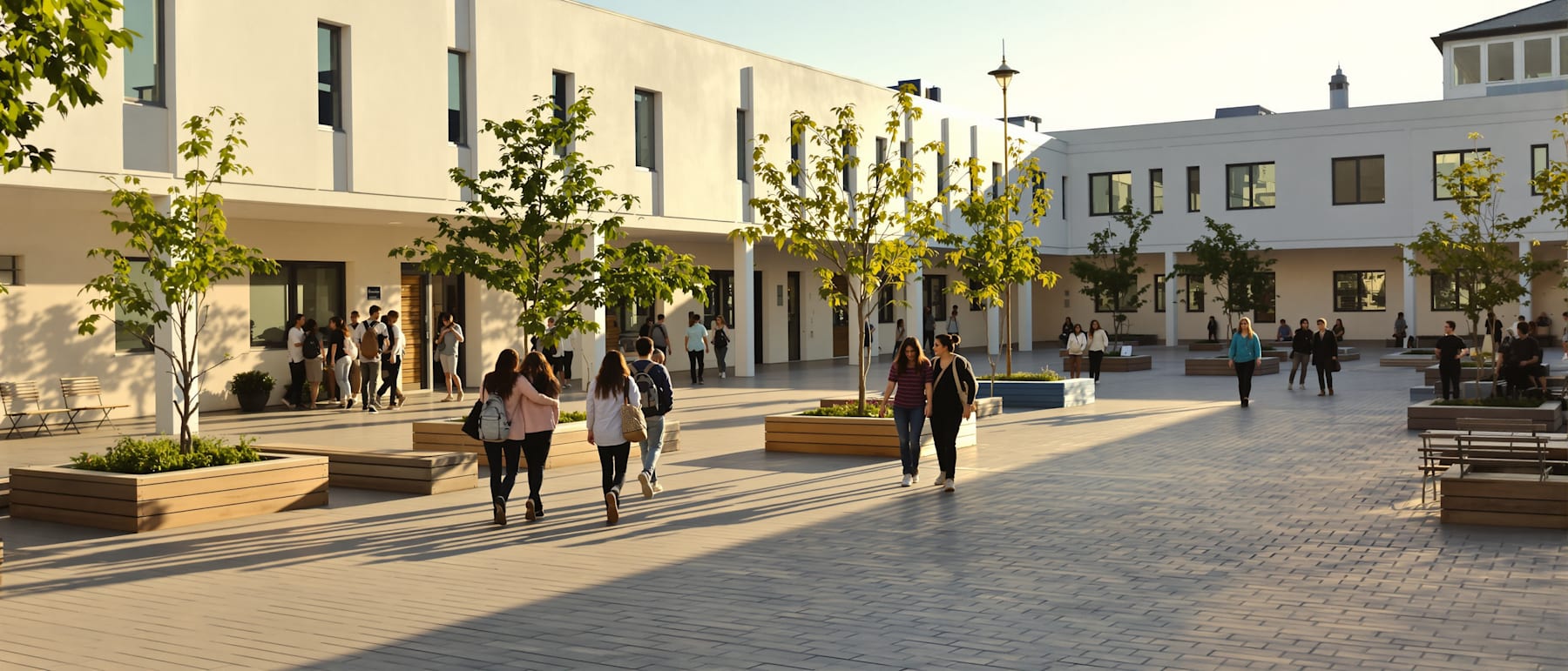 Students walking through a school courtyard in late afternoon sunlight.