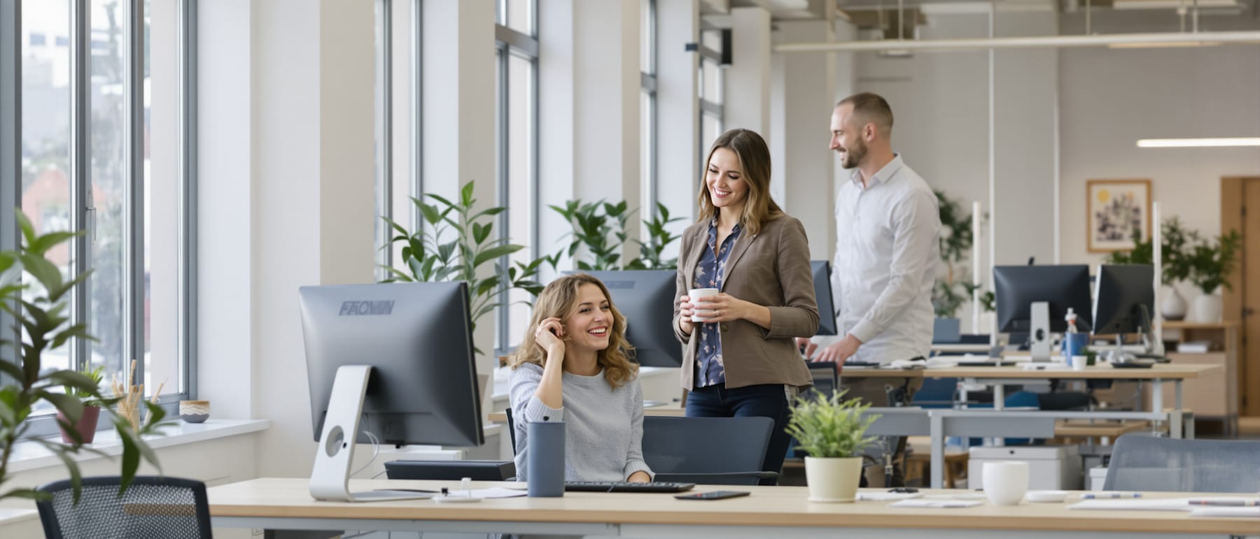 Colleagues talking at their desks in a bright open-plan office.