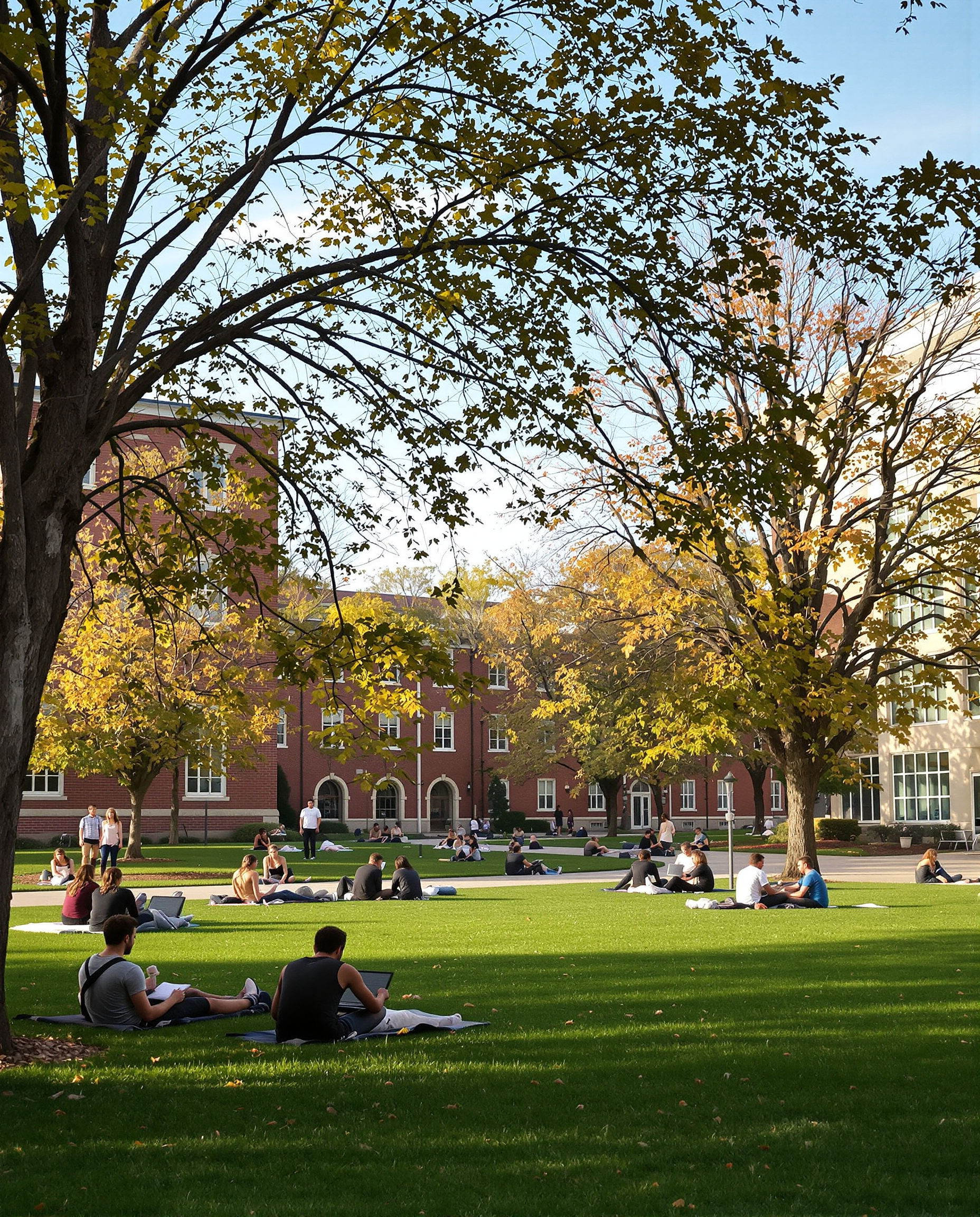 College students walking across a sunny campus quad
