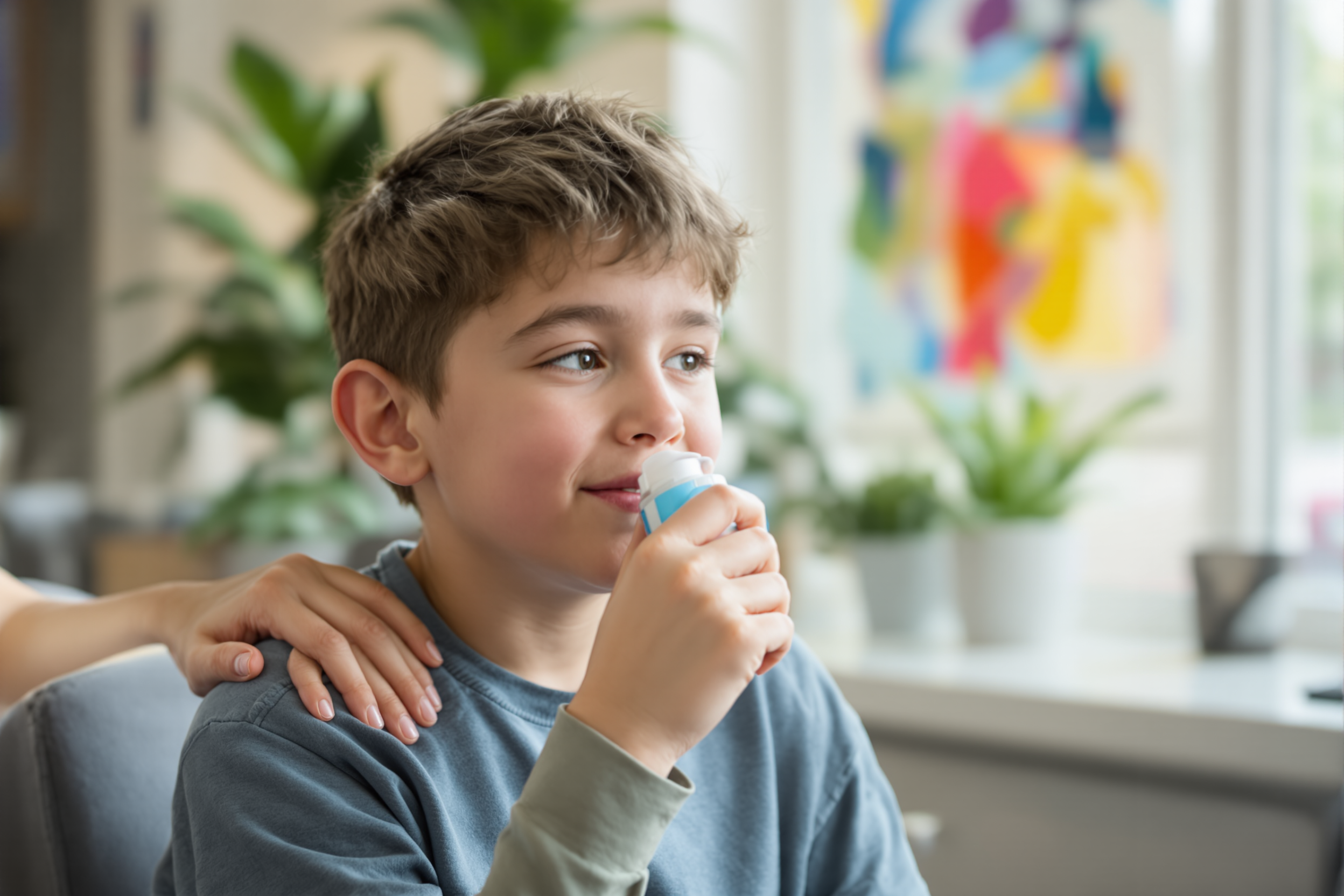 A school nurse helping a student use an inhaler
