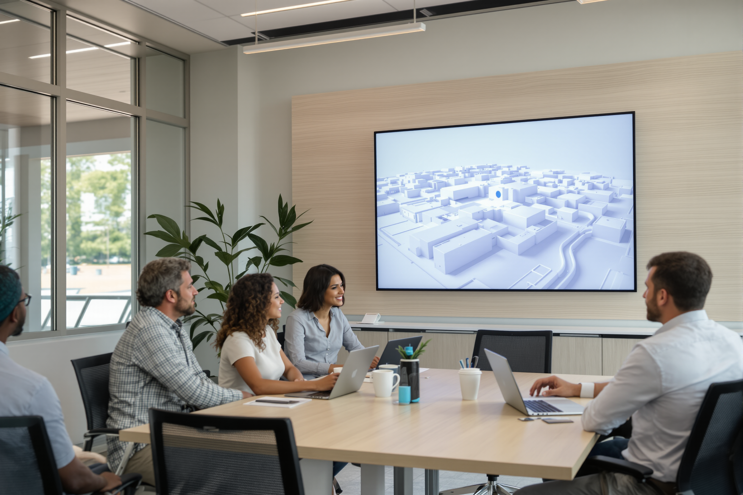 A school district team meeting around a table with laptops while a 3D campus map shows on a wall screen