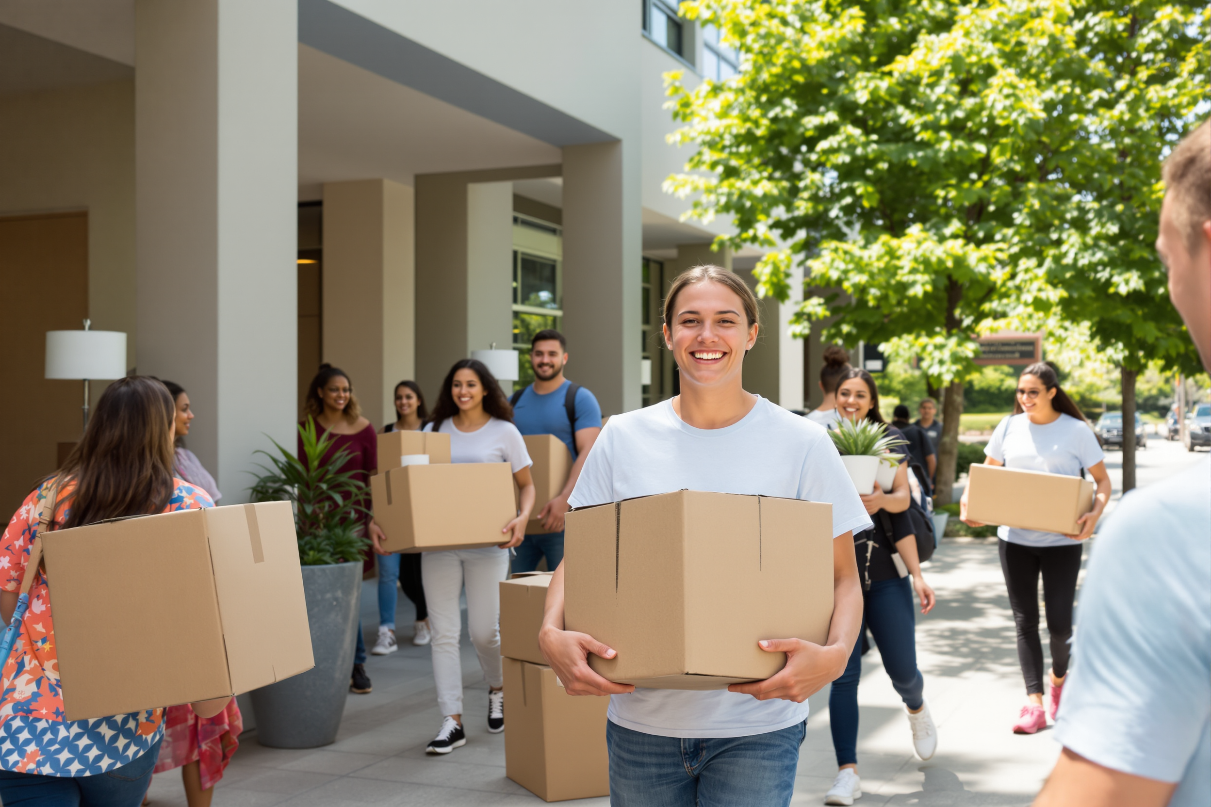 Smiling students carrying moving boxes into a residence hall on move-in day