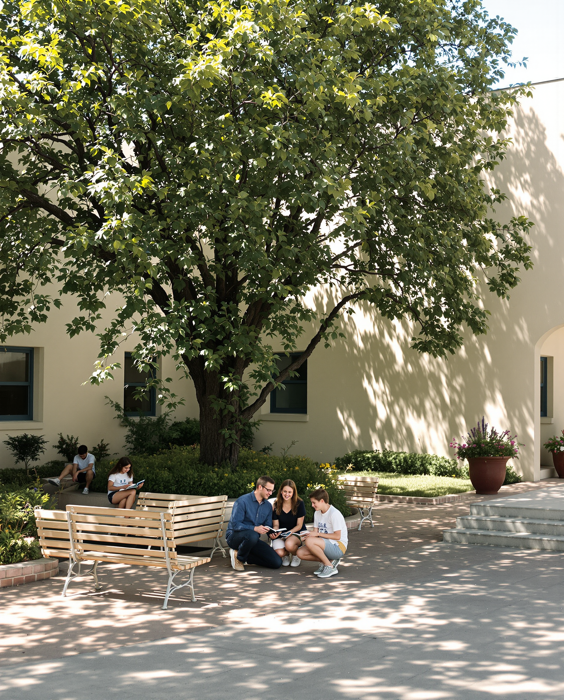 Students talking on benches under a shade tree in a small school courtyard