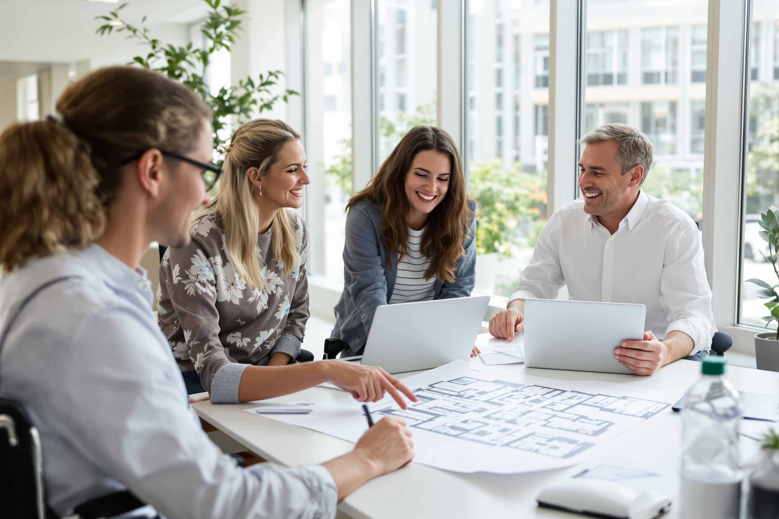 A small team smiling around a sunny office table with laptops and a sketched campus floor plan