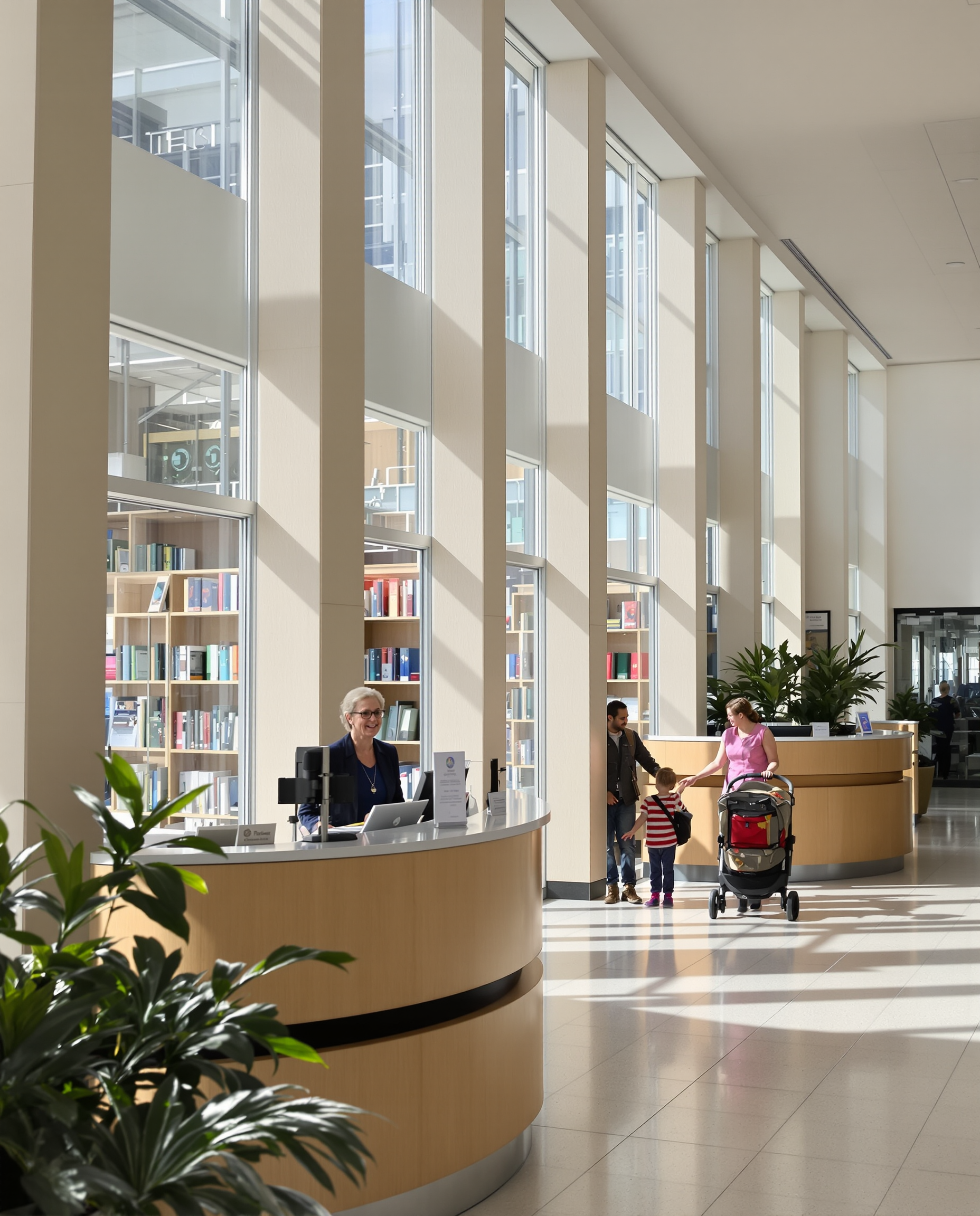 A bright public library lobby where staff welcome a family