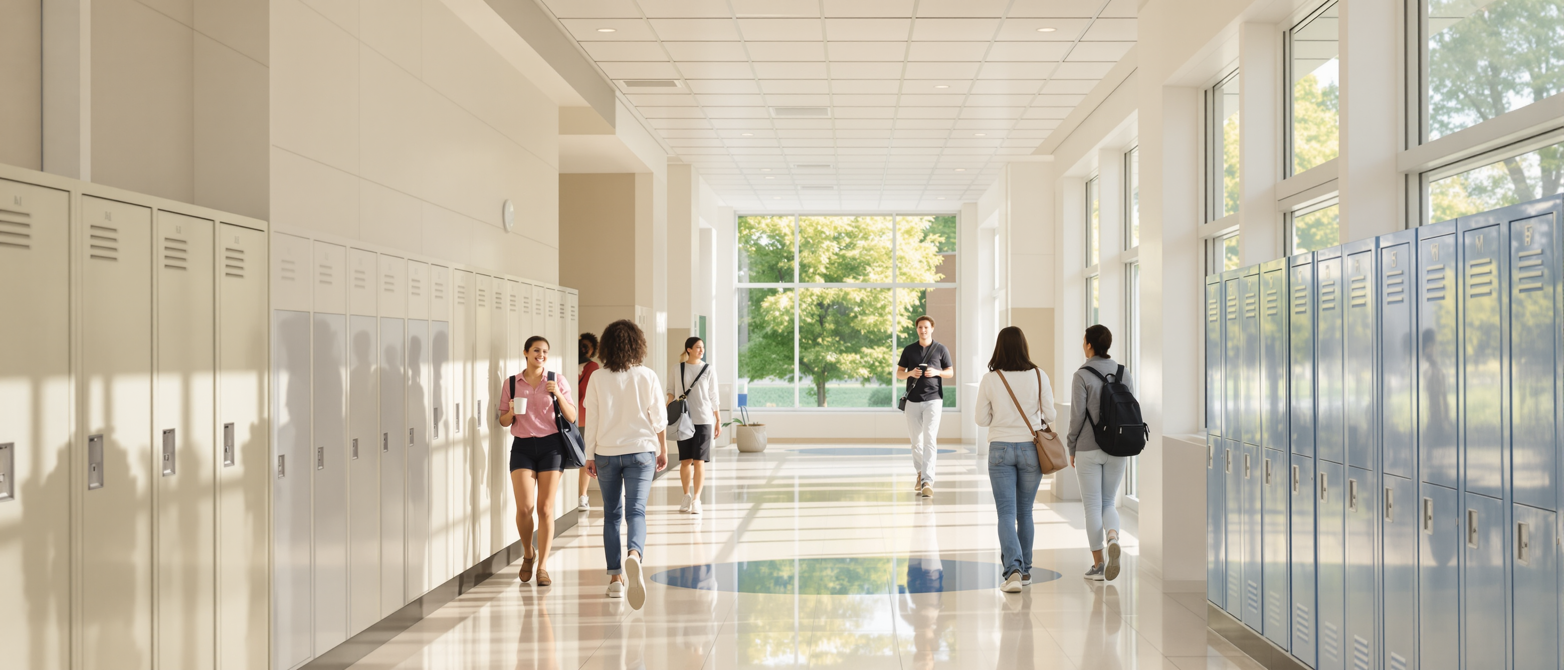 A bright, calm school hallway with students walking to class
