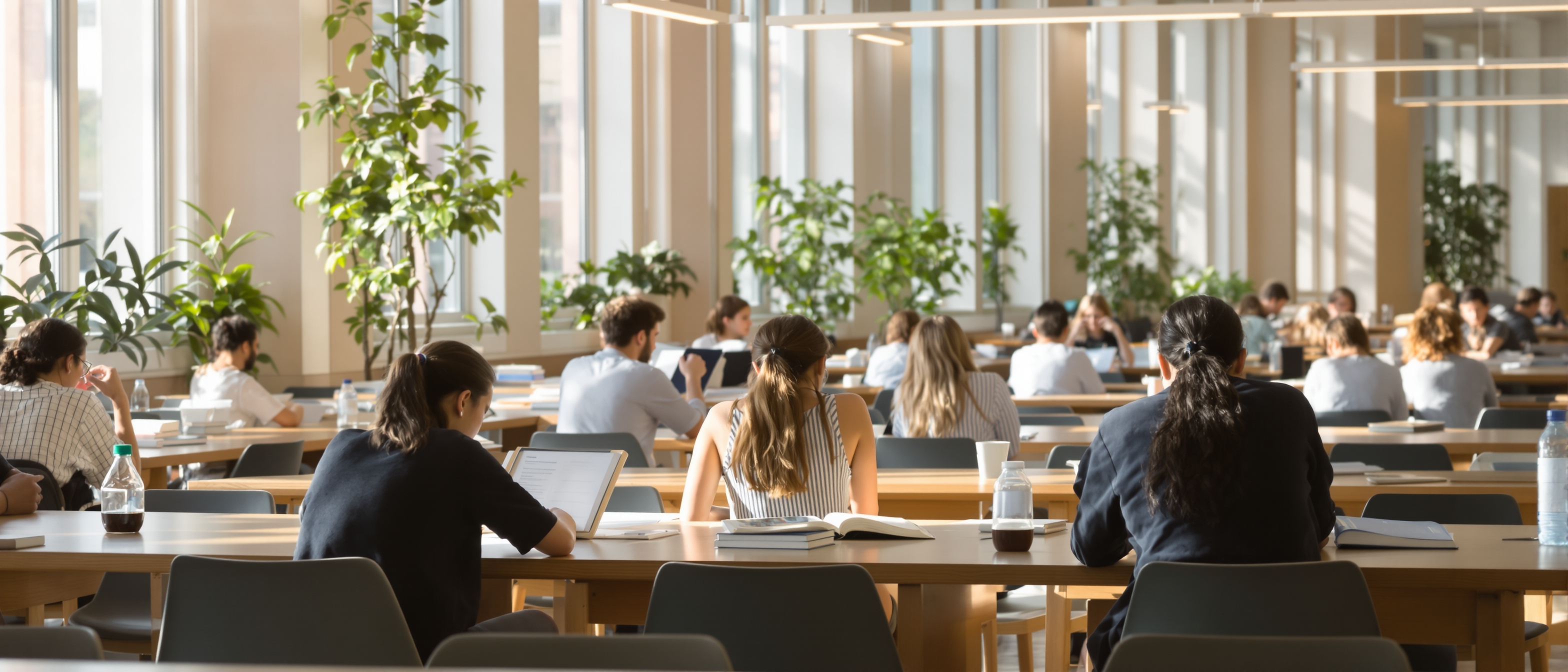 Students studying together at long tables in a sunlit school library