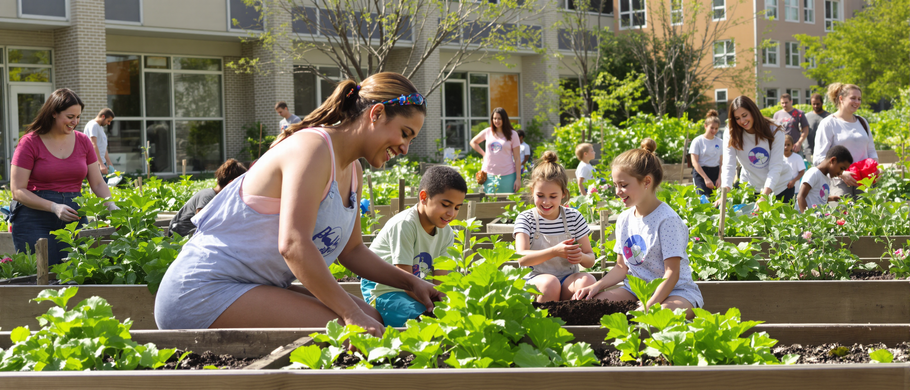 Children and parents planting vegetables together in raised garden beds outside a school