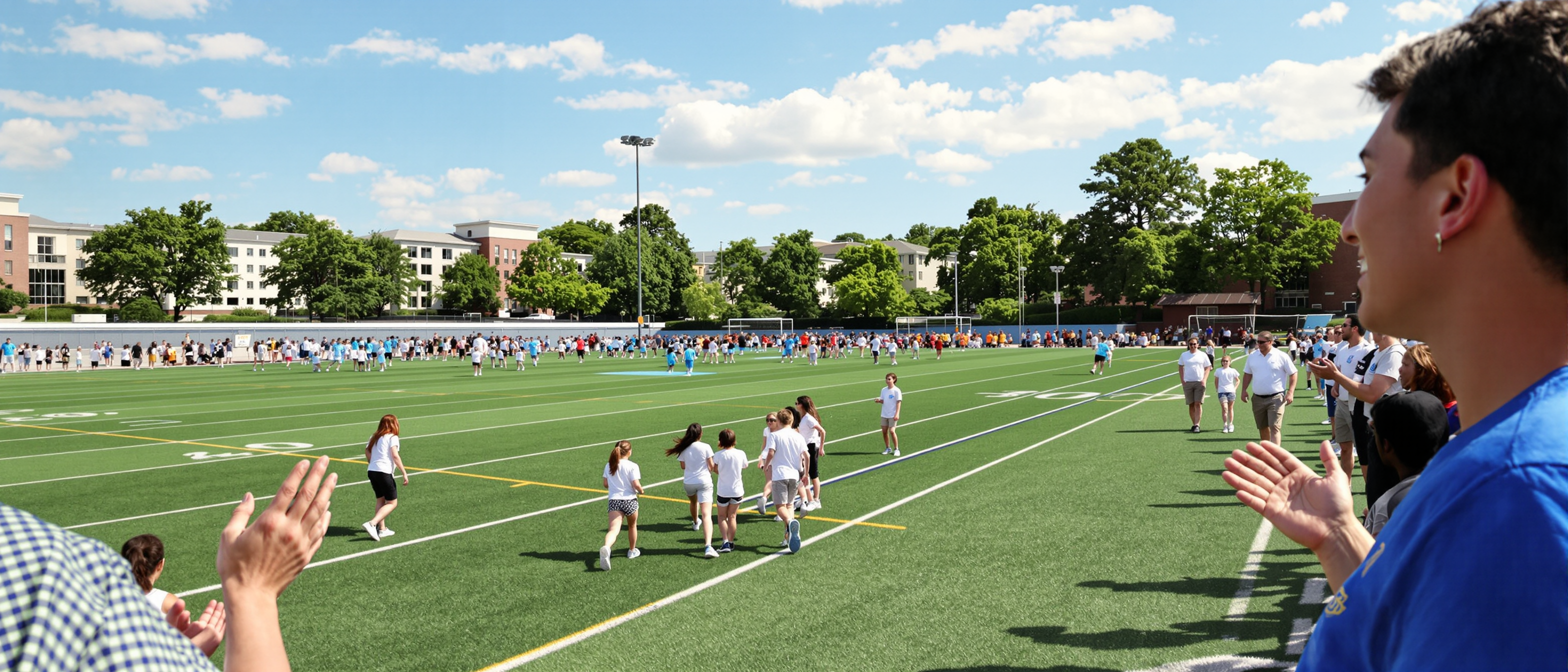 Students racing across a sunny school field while classmates cheer from the sideline