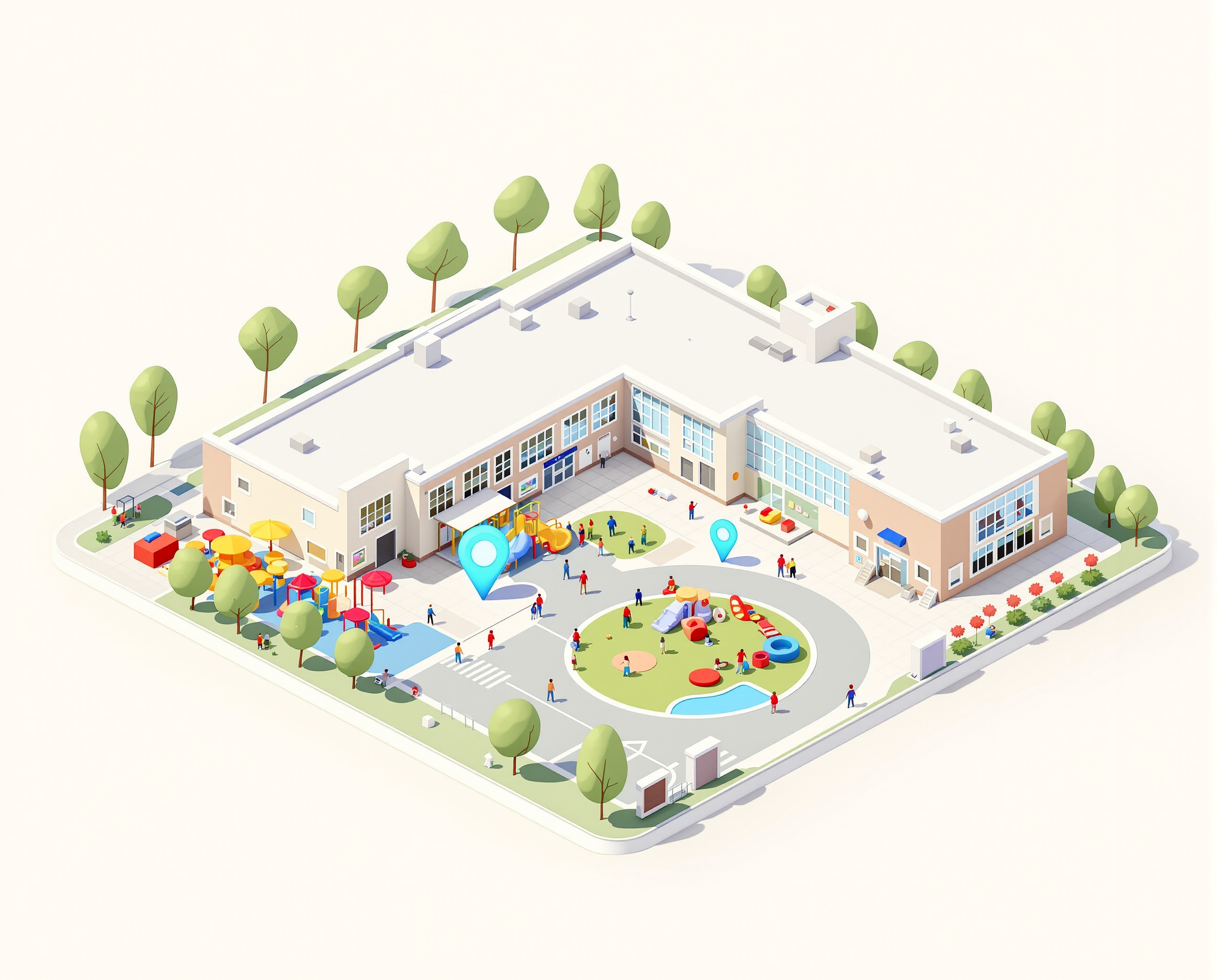 A 3D map of an elementary school showing the nurse’s office and the hallway where help is needed