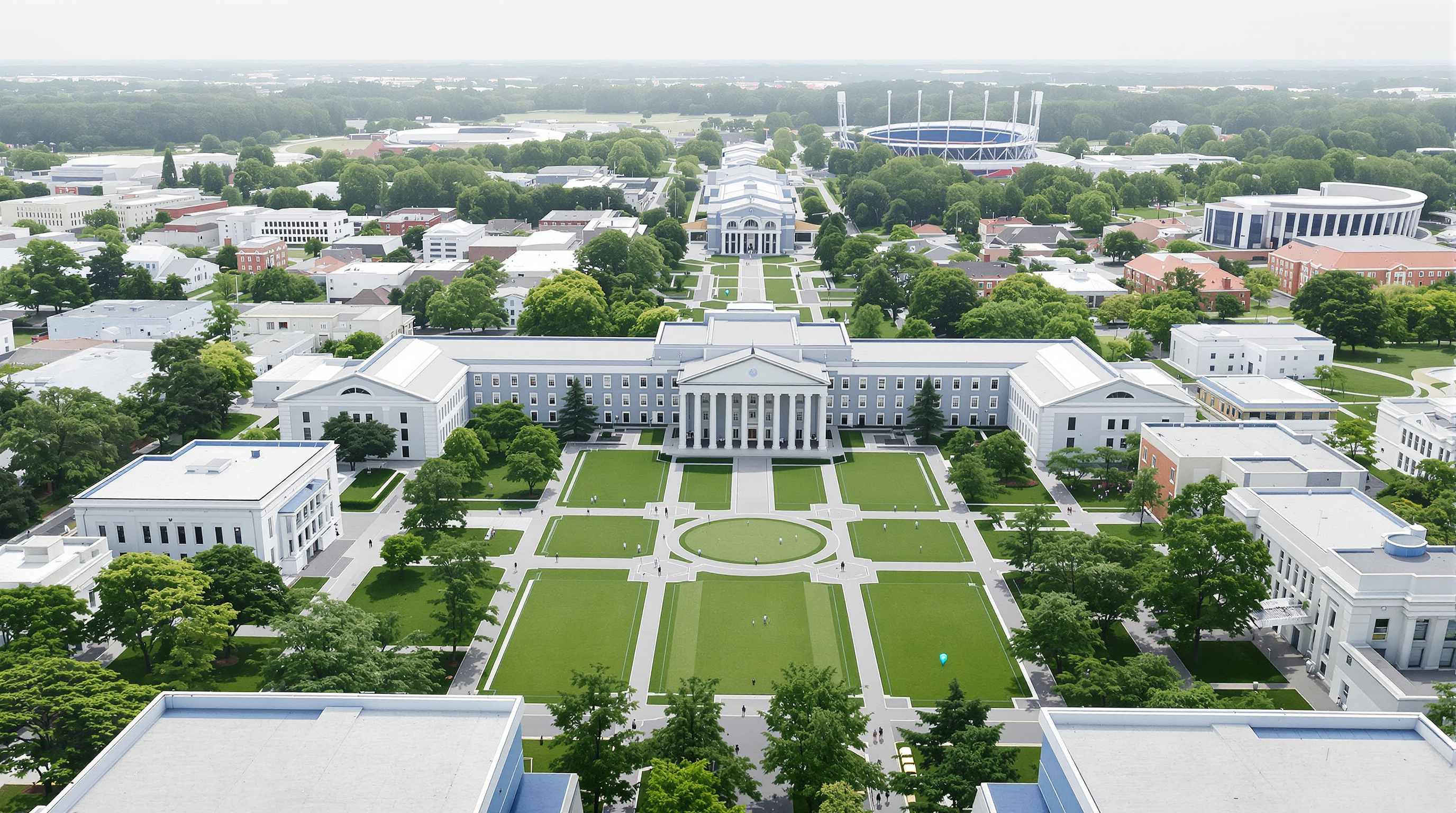 Aerial view of a university campus with residence halls, libraries, parking and athletics areas marked