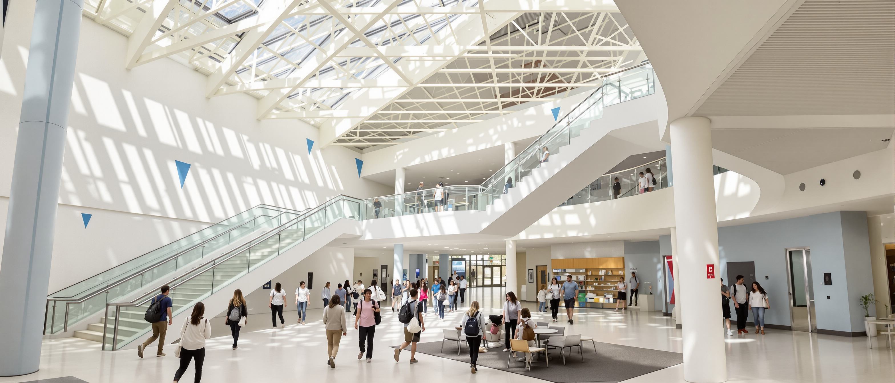 Students walking through a bright, sunlit school atrium with open staircases