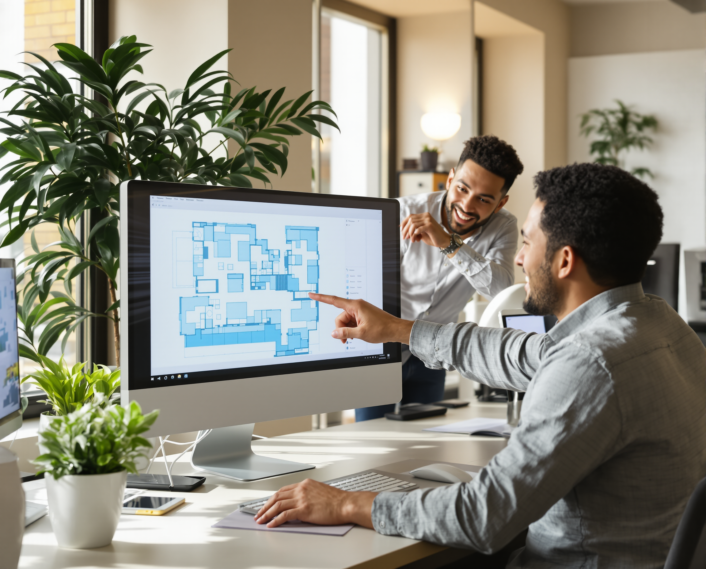 A VOLT team lead and reviewer look over a campus map together on a monitor
