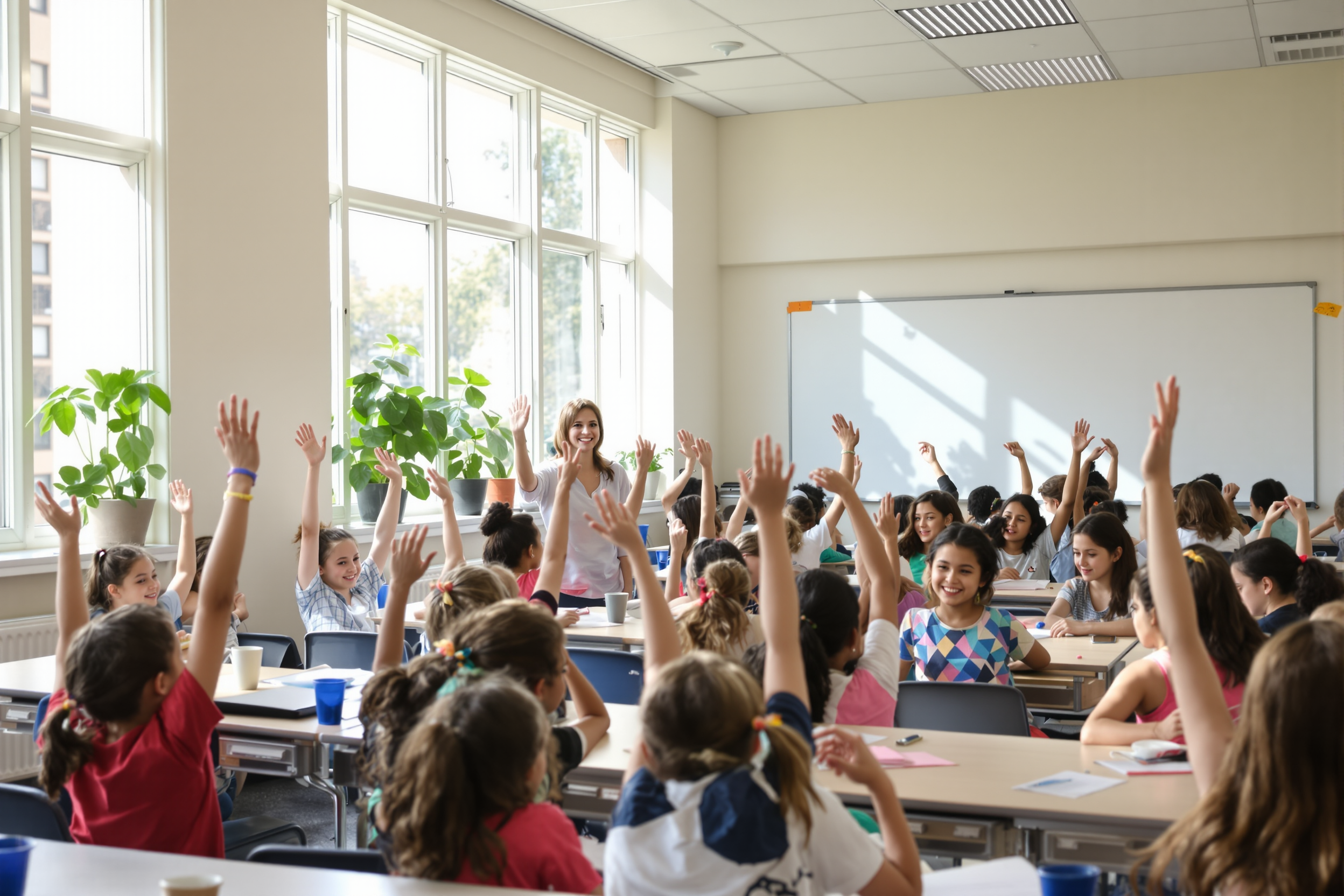 Elementary students eagerly raising their hands in a bright, sunlit classroom