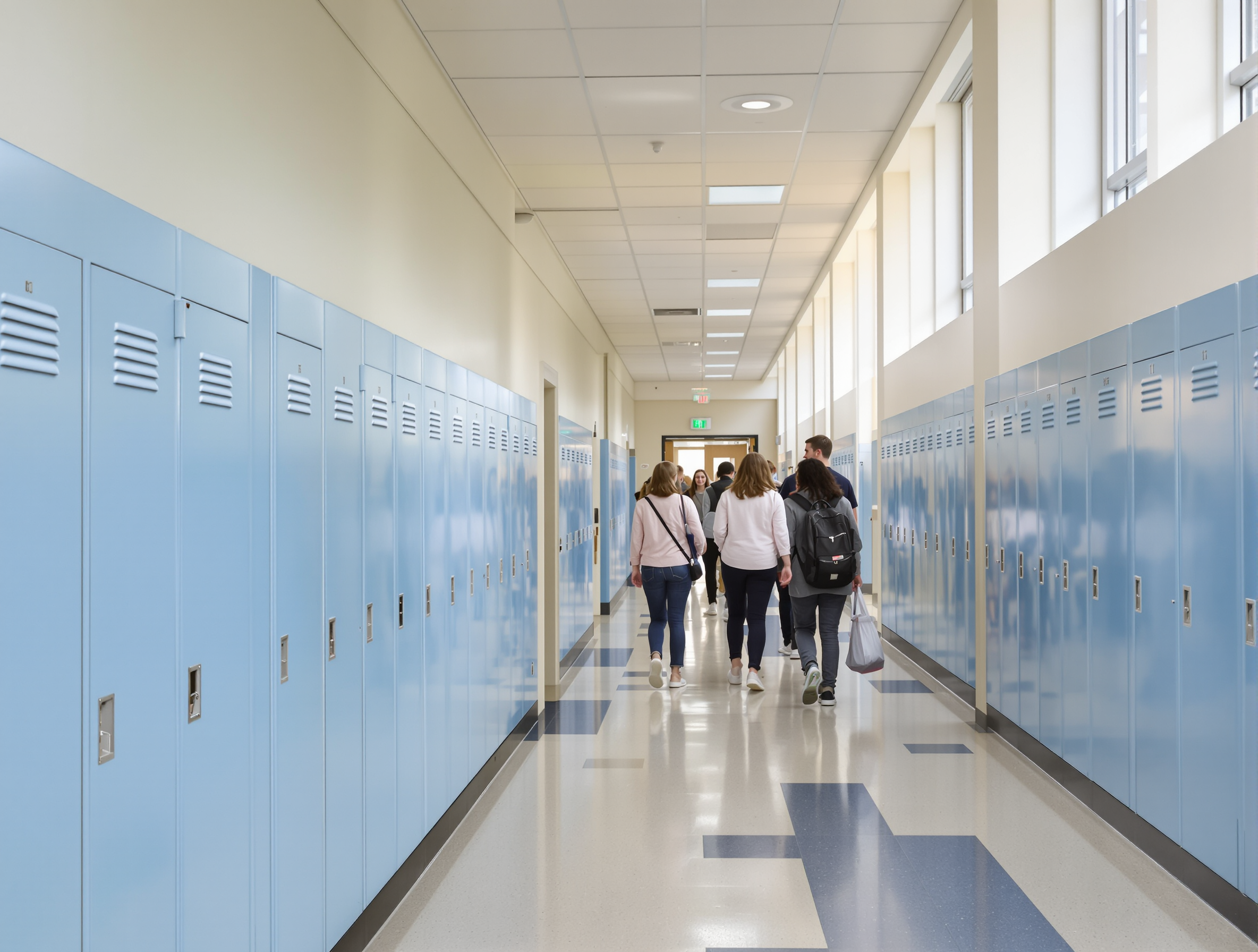 A school hallway lined with lockers as students walk between classes