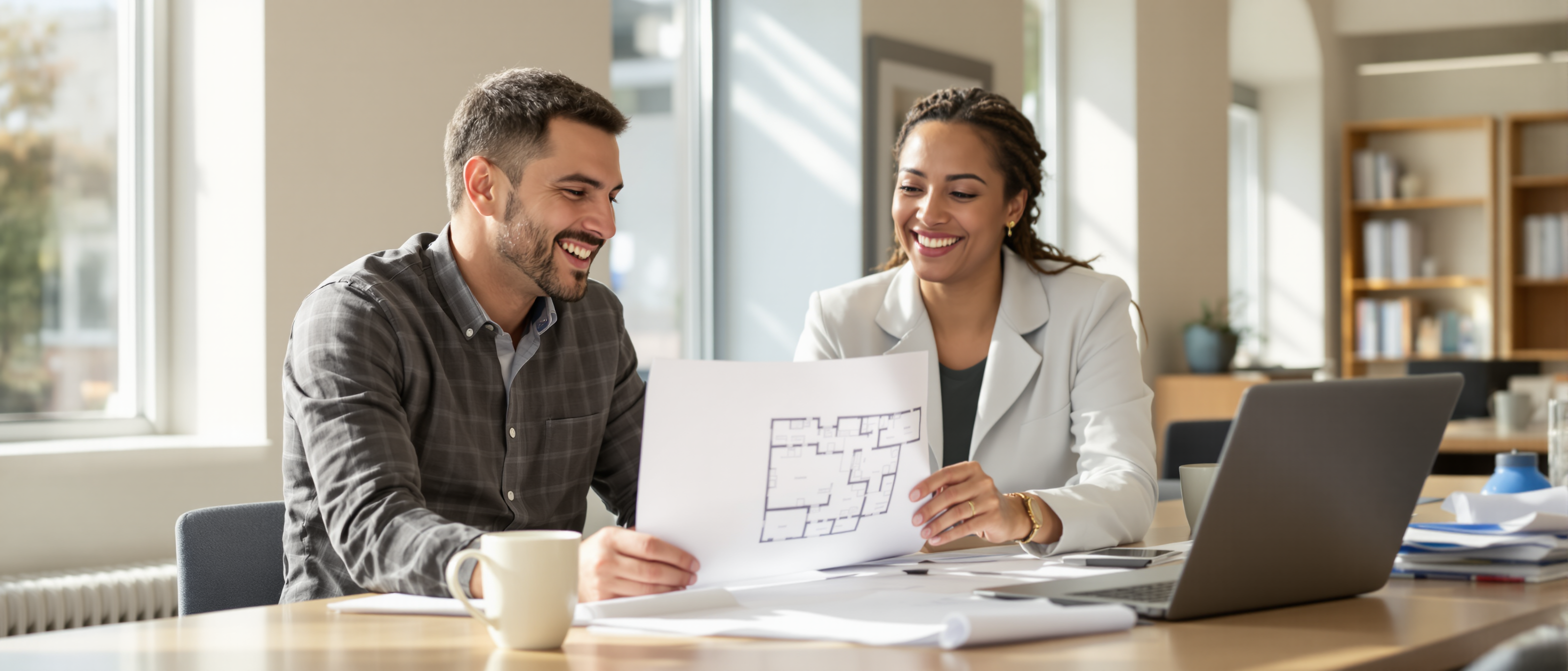 Two colleagues smiling as they review a school floor plan together at a sunny desk