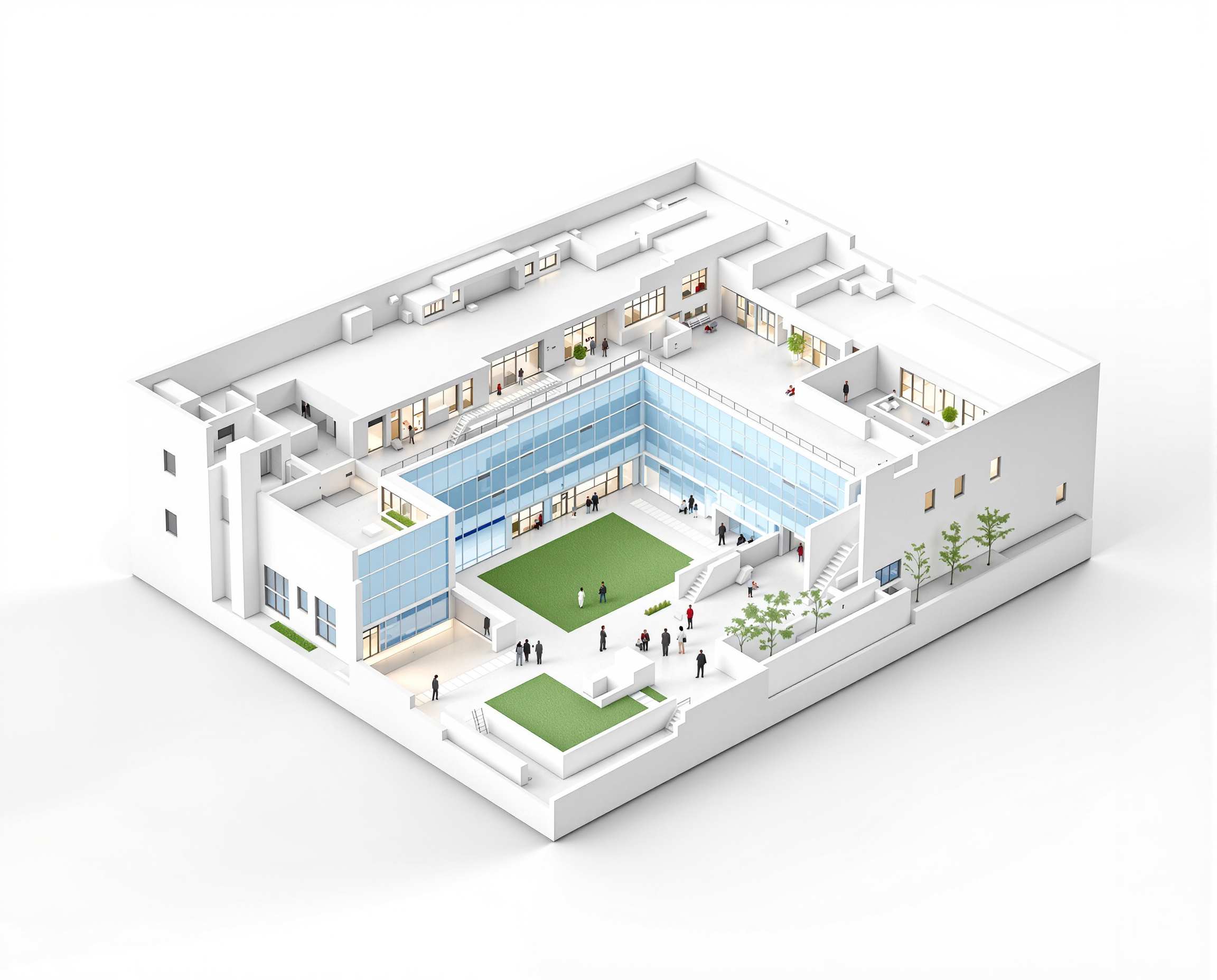 A 3D map of a school showing camera coverage at entrances, hallways and the courtyard