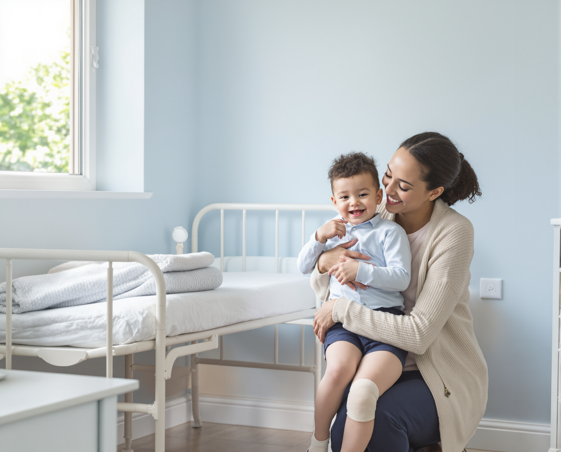 A smiling parent holding a happy young child in a bright school nurse’s room