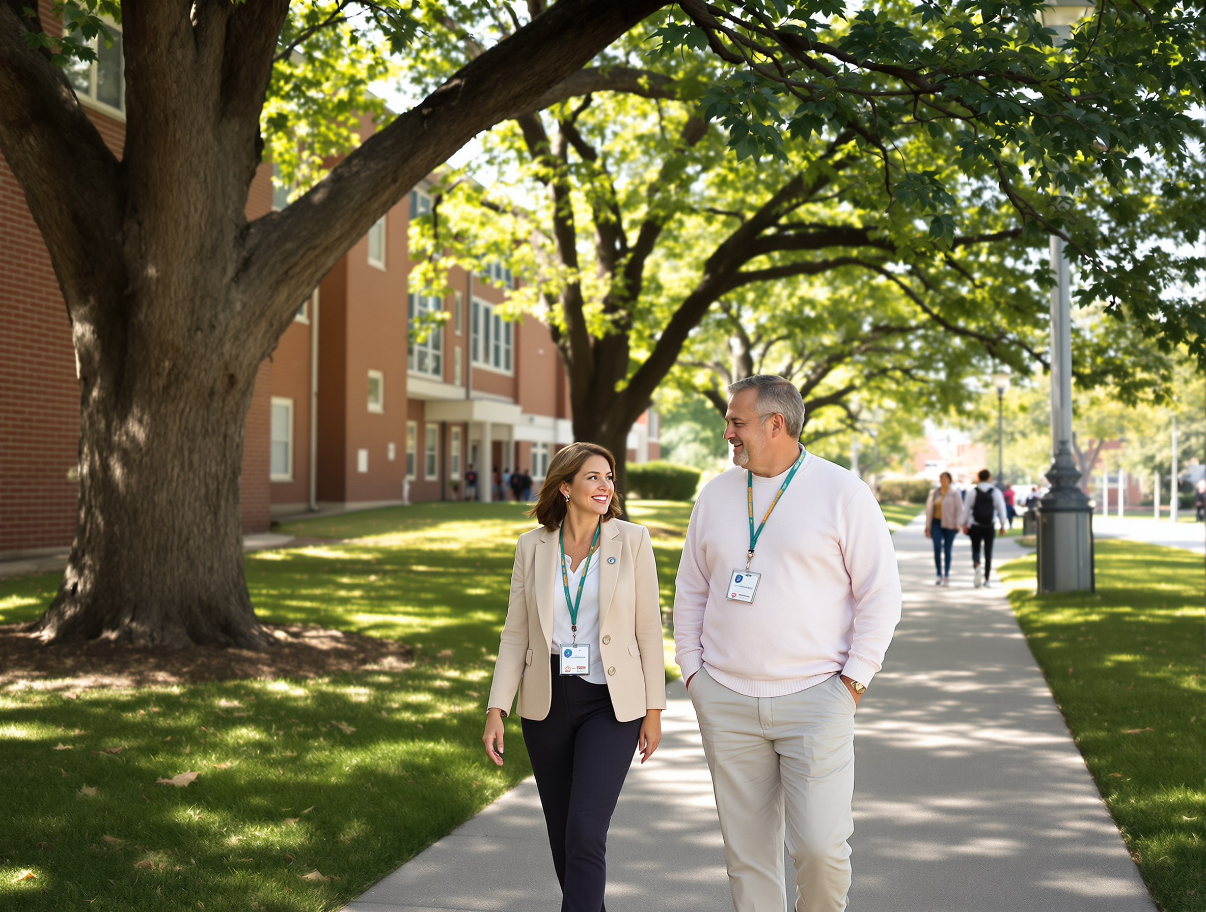 Two school leaders with staff lanyards walking and talking on a tree-lined campus path