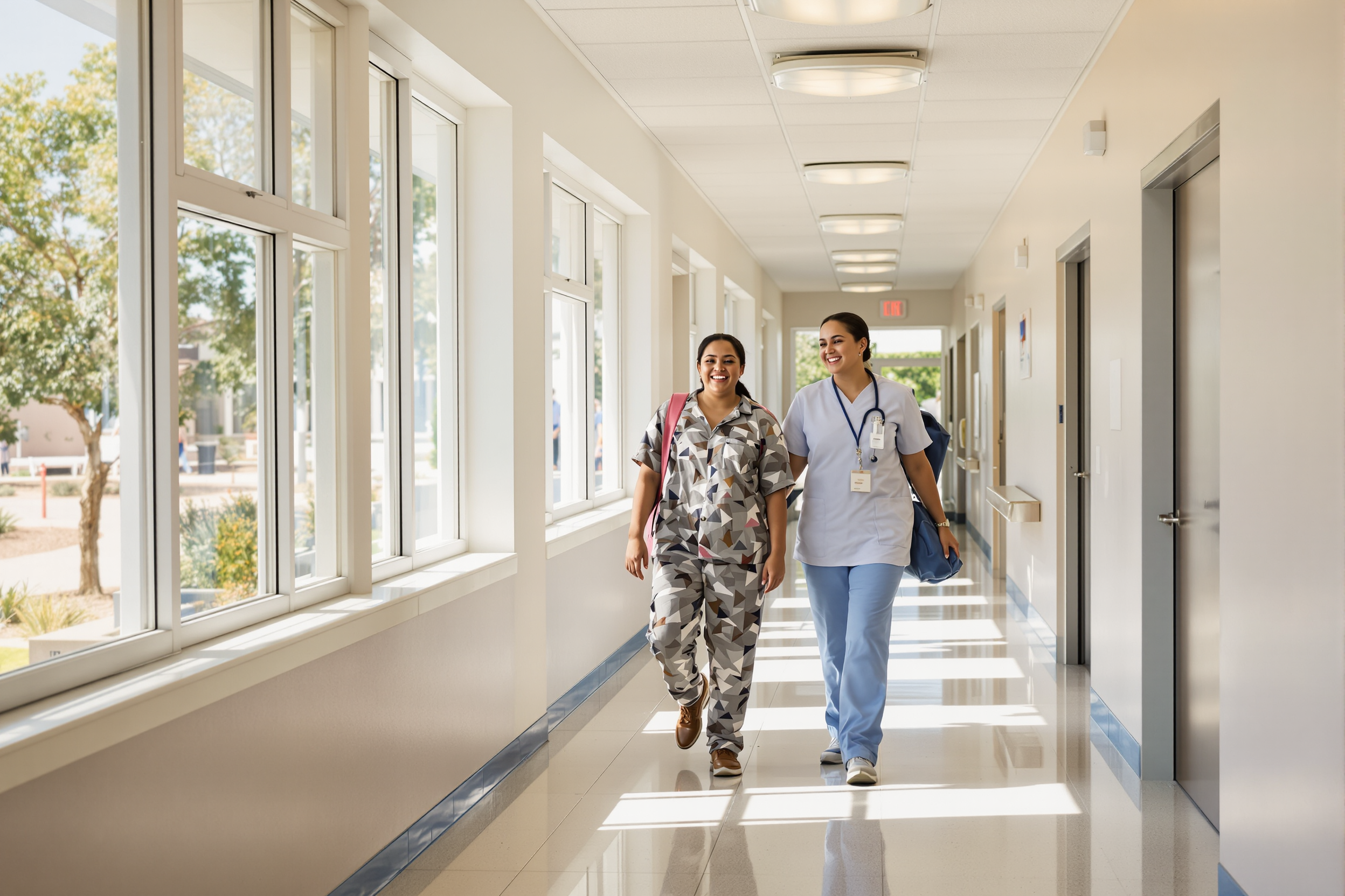 A nurse and a staff member walking together down a bright school hallway