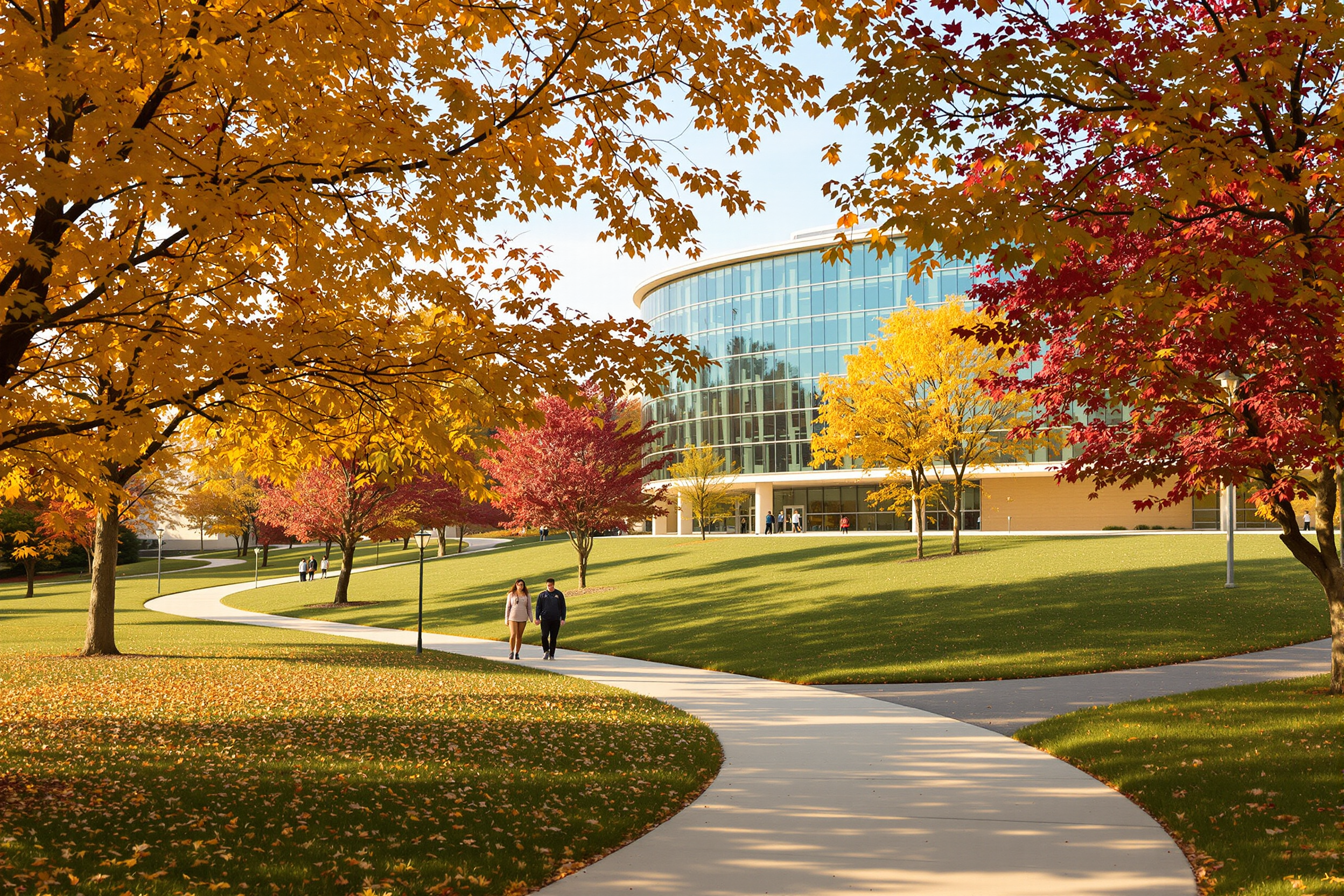 A winding path through autumn trees toward a glass university building