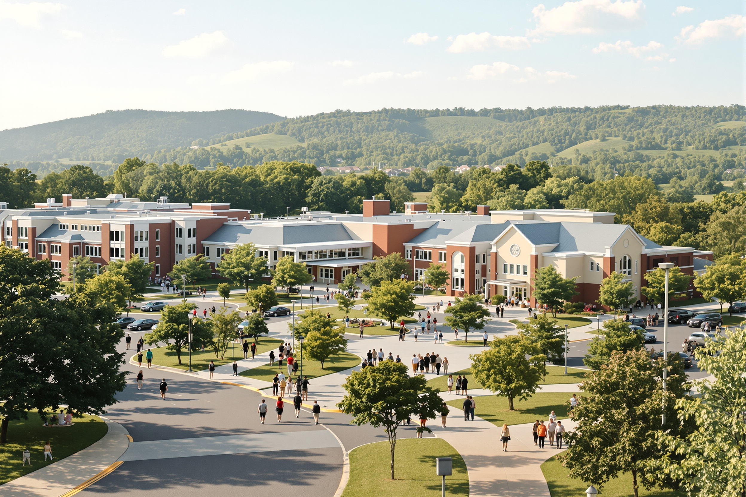Aerial view of a suburban school campus with students walking between buildings