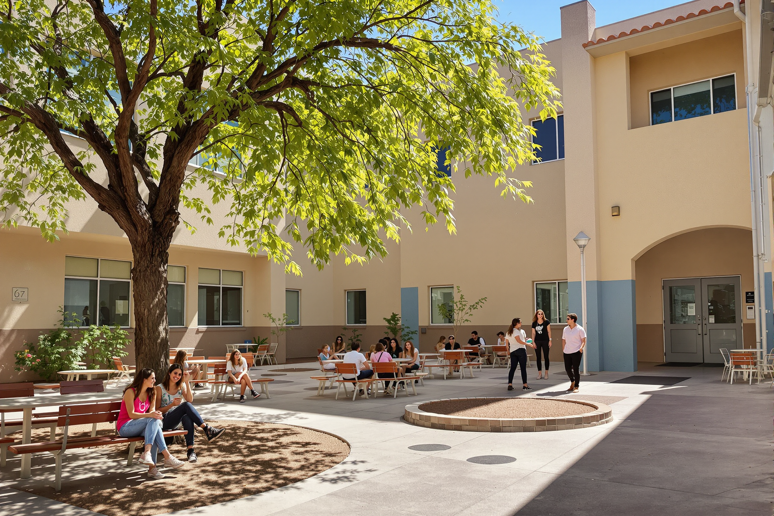 Students gathering in a sunny school courtyard shaded by a large tree